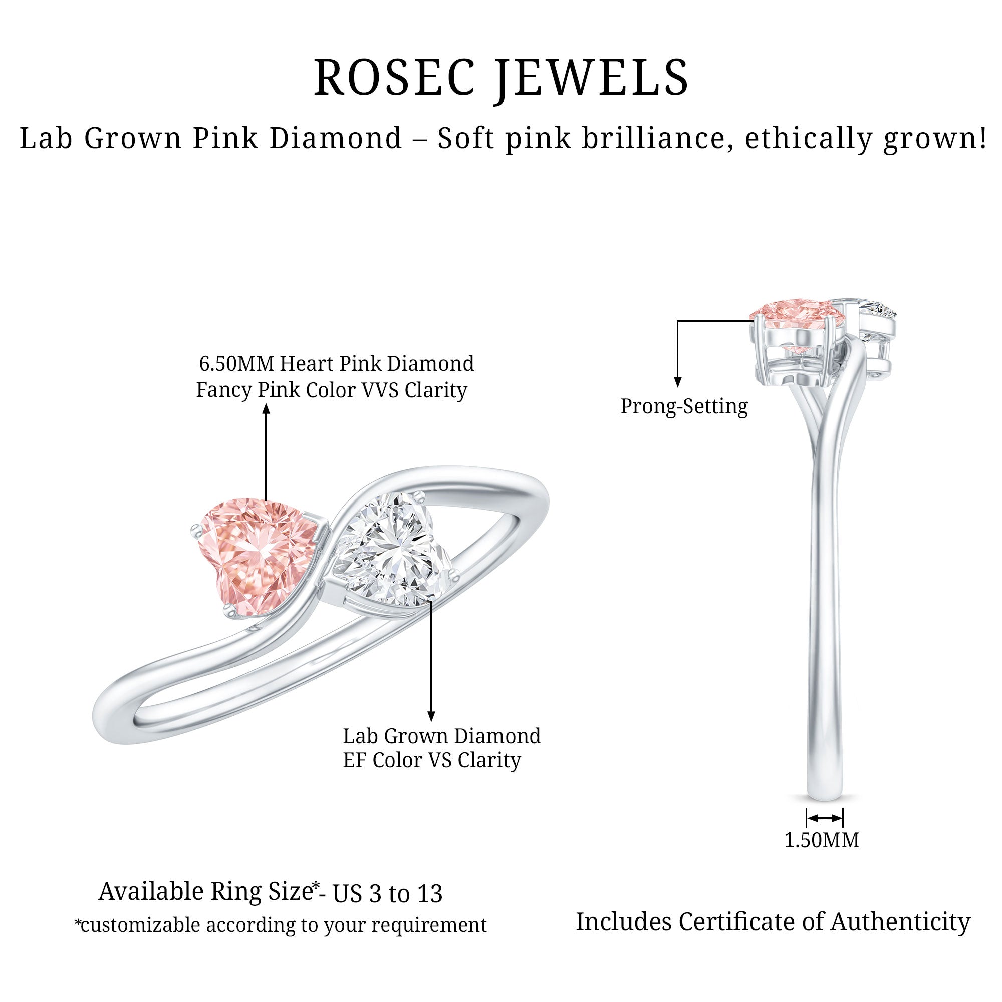 Lab Grown Pink and White Diamond Double Heart Promise Ring IGI Certified E-VS1 - Rosec Jewels