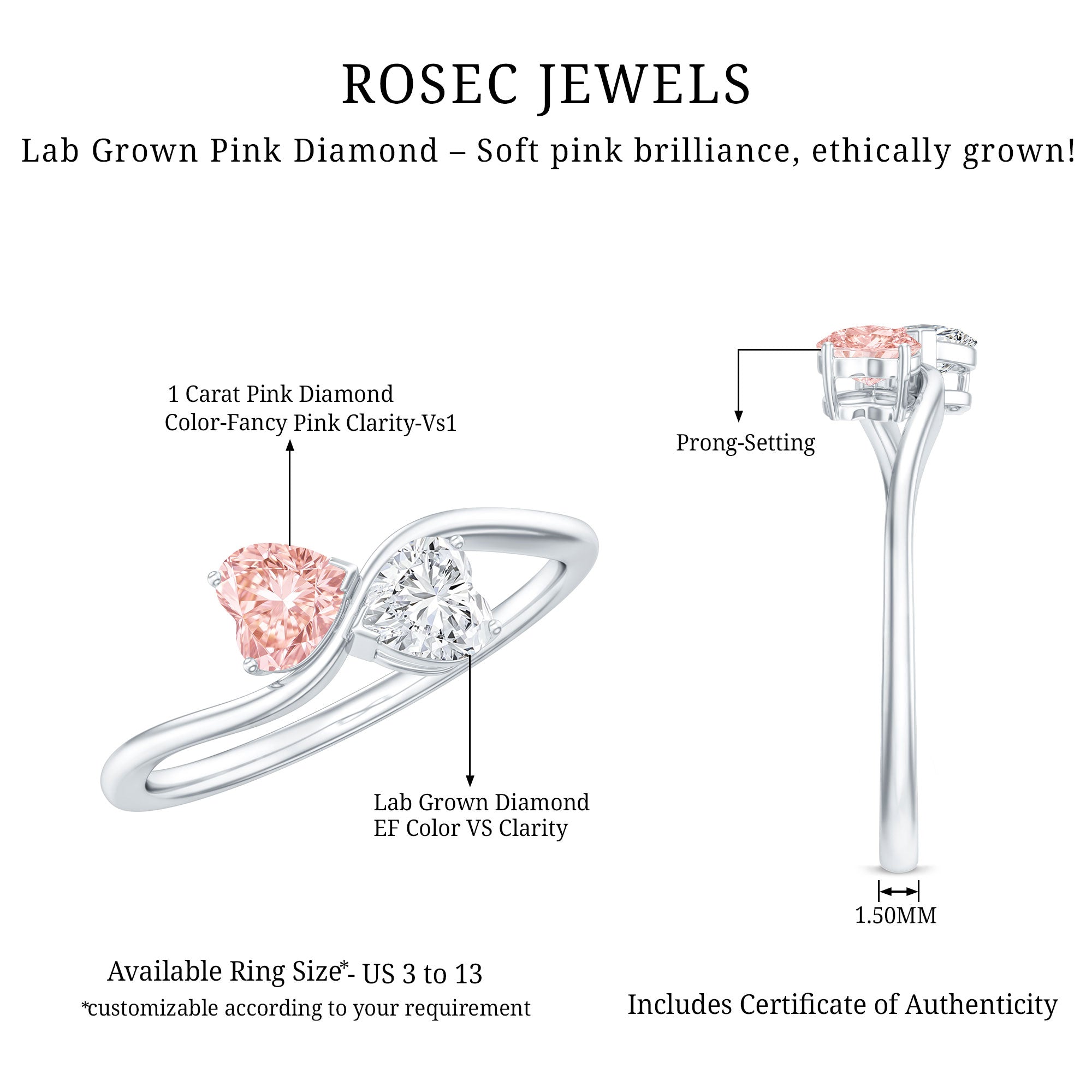 Lab Grown Pink and White Diamond Double Heart Promise Ring IGI Certified Fancy Pink - VS1 - Rosec Jewels