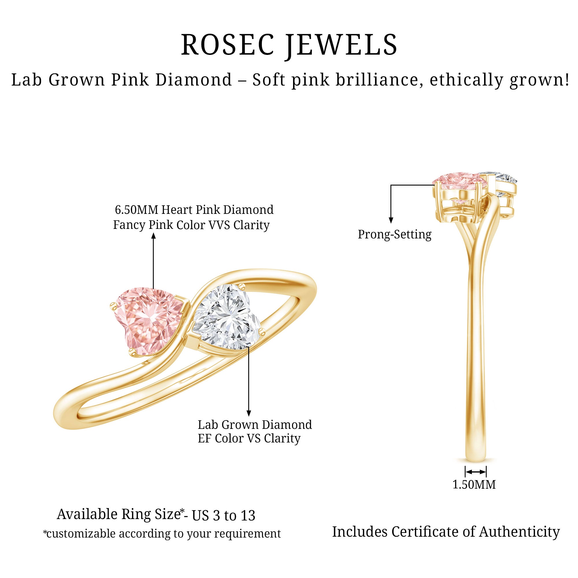 Lab Grown Pink and White Diamond Double Heart Promise Ring IGI Certified E-VS1 - Rosec Jewels