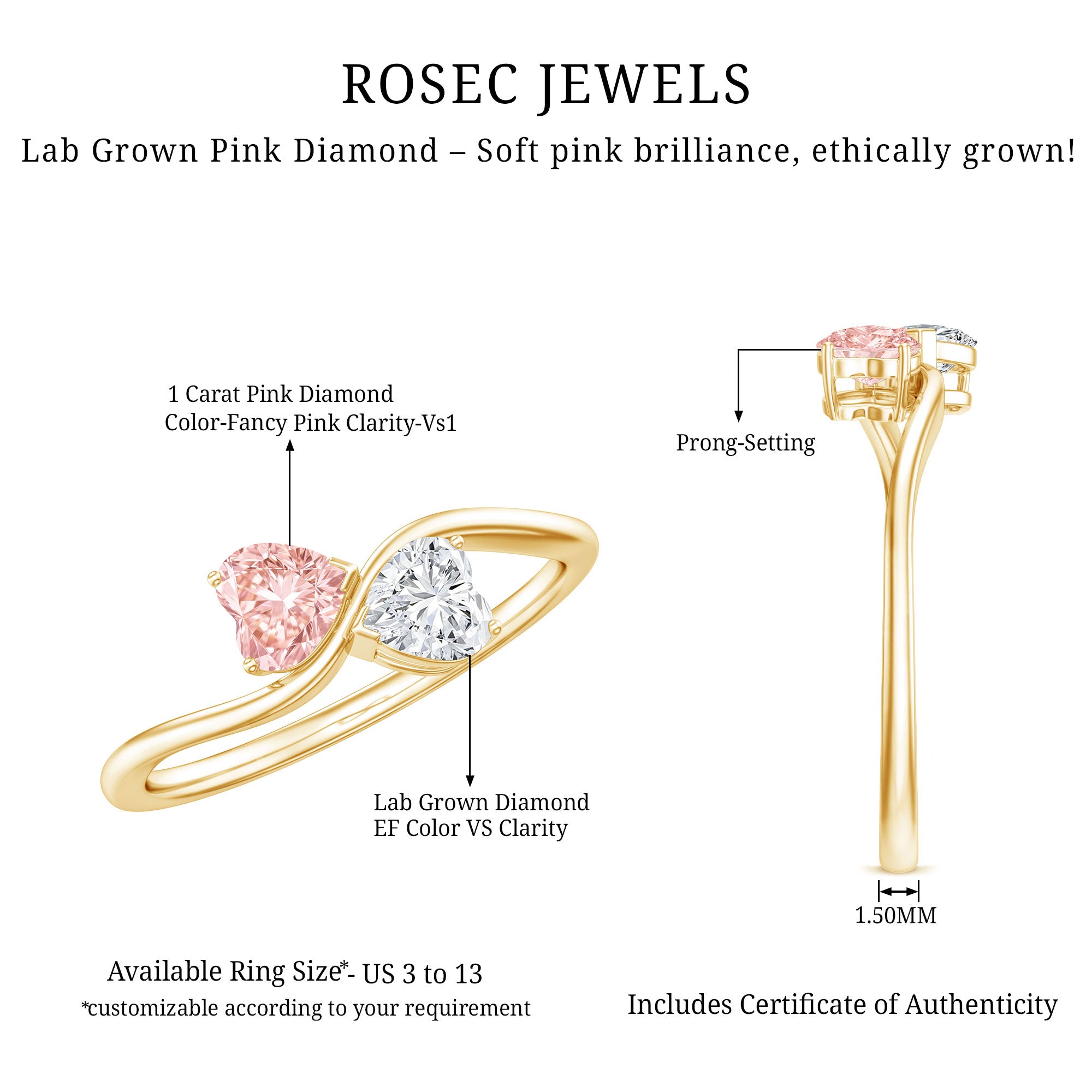 Lab Grown Pink and White Diamond Double Heart Promise Ring IGI Certified Fancy Pink - VS1 - Rosec Jewels