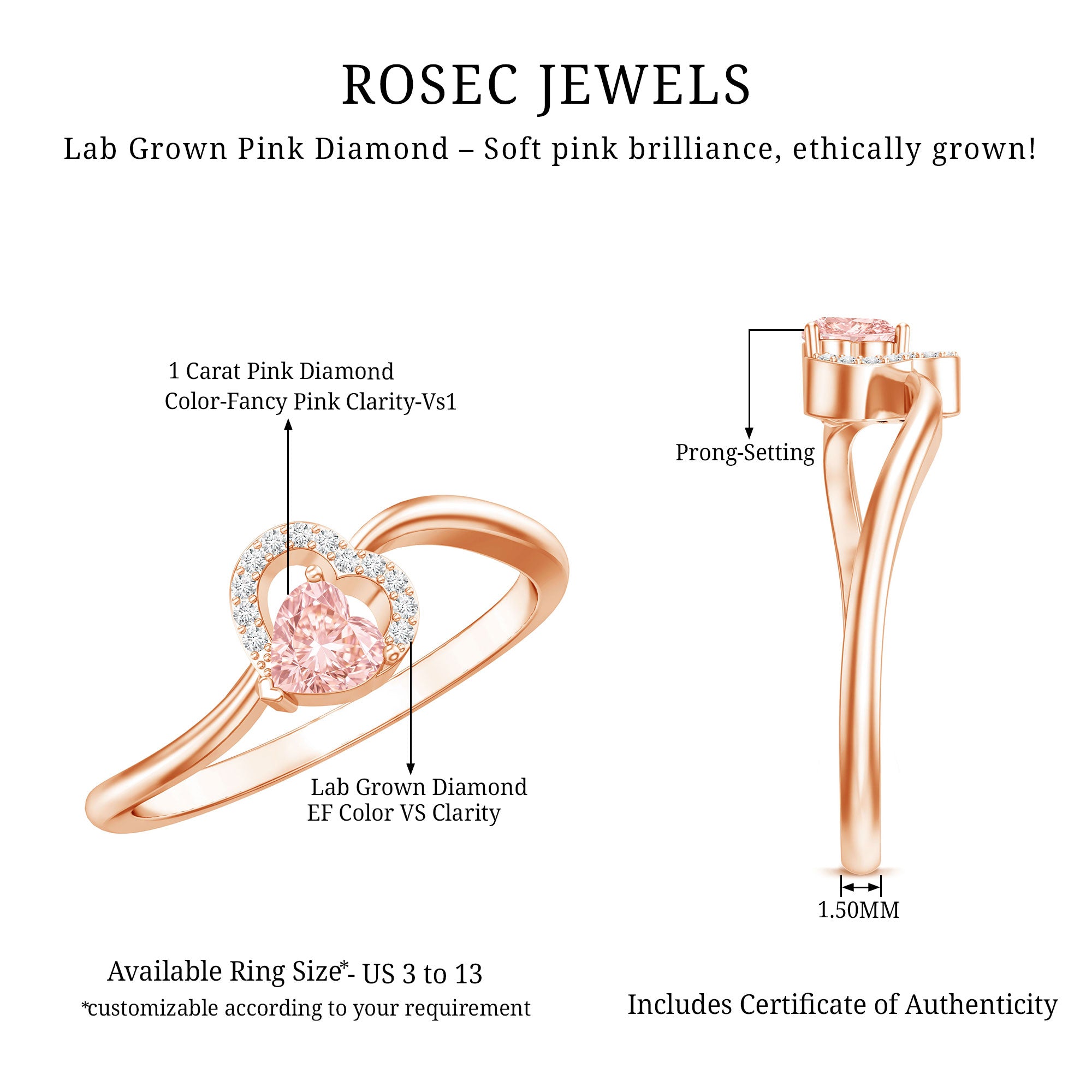 IGI Certified Lab Grown Pink Diamond Heart Promise Ring with Twisted Band Fancy Pink - VS1 - Rosec Jewels