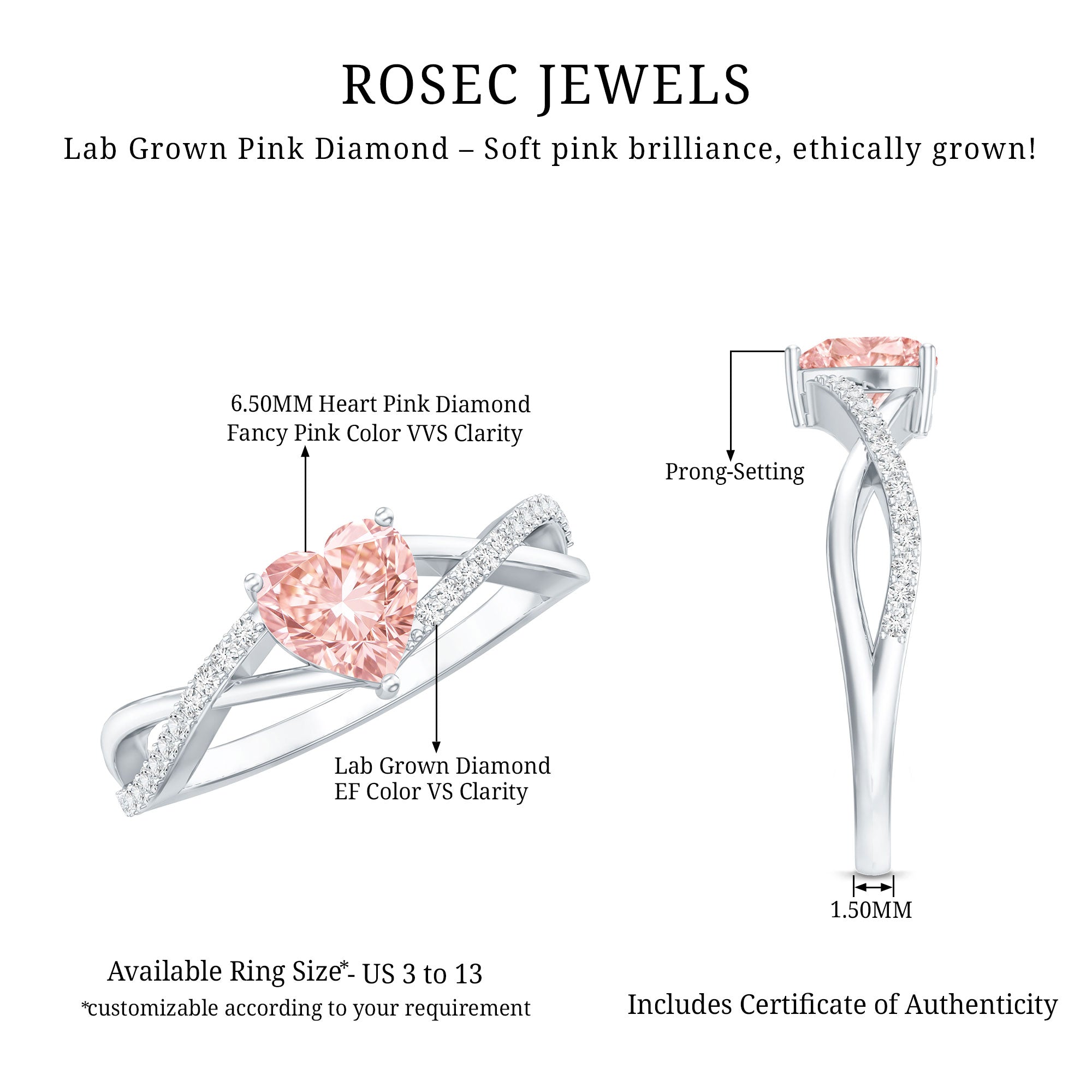 Rosec Jewels-1 CT Heart Shaped Lab Grown Pink Diamond Infinity Engagement Ring