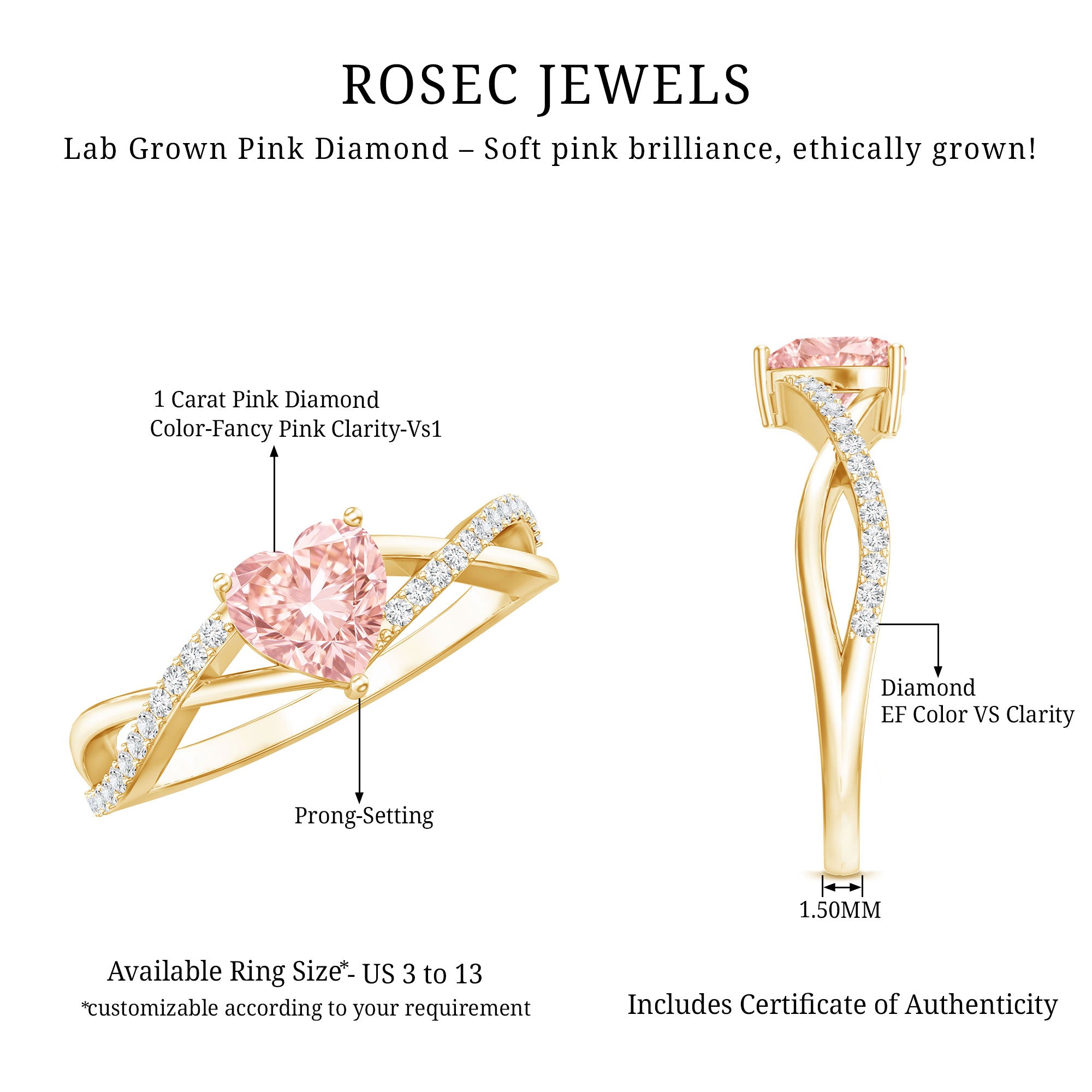IGI Certified 1 CT Heart Shaped Lab Grown Pink Diamond Infinity Engagement Ring Fancy Pink - VS1 - Rosec Jewels