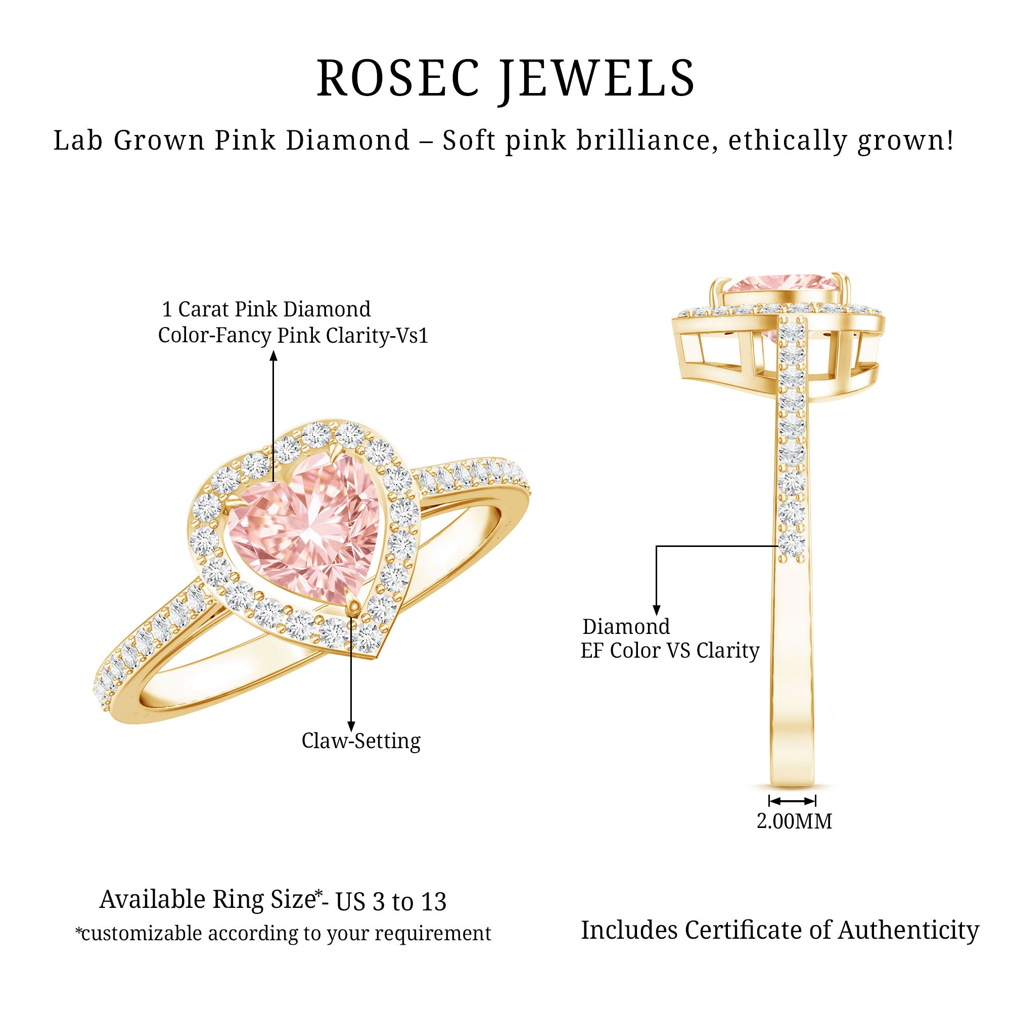Heart Shape 1 CT Lab Grown Pink White Diamond Halo Engagement Ring IGI Certified Fancy Pink - VS1 - Rosec Jewels