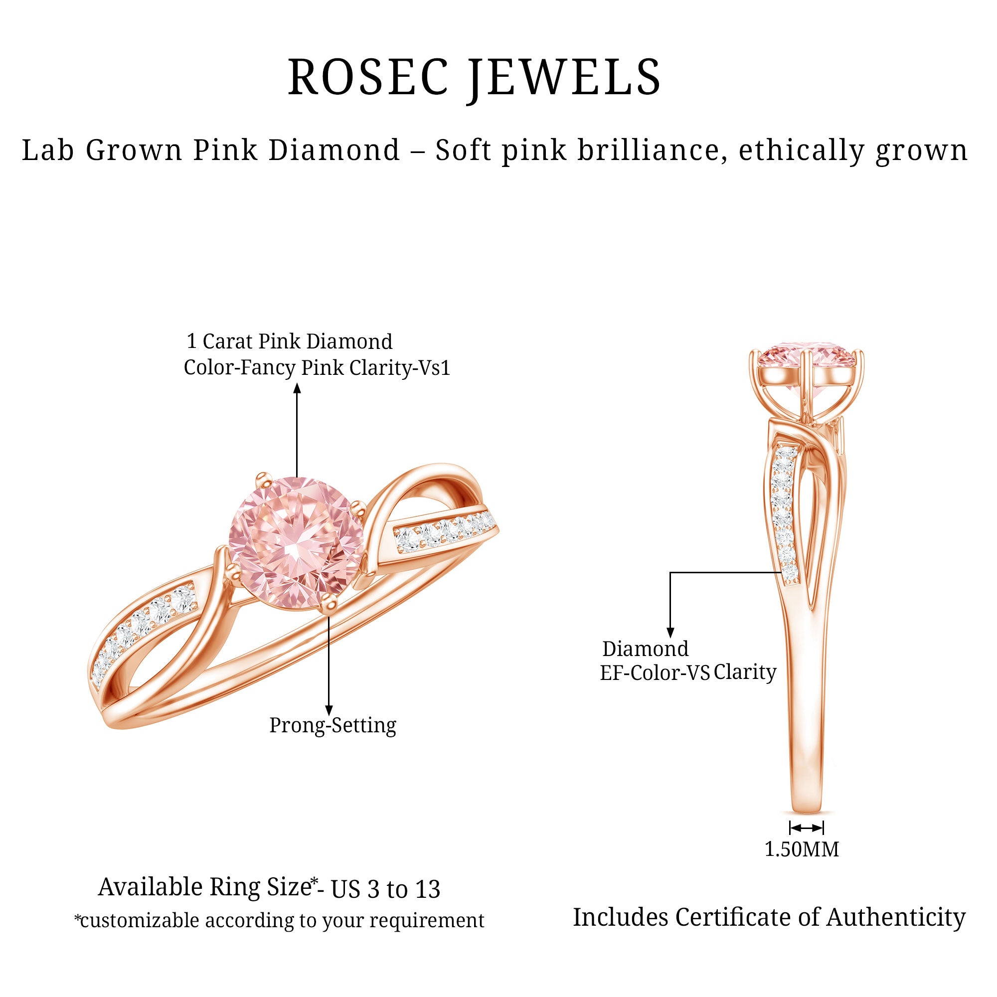 1 CT Lab Grown Pink Diamond Infinity Engagement Ring with IGI Certificate Fancy Pink - VS1 - Rosec Jewels