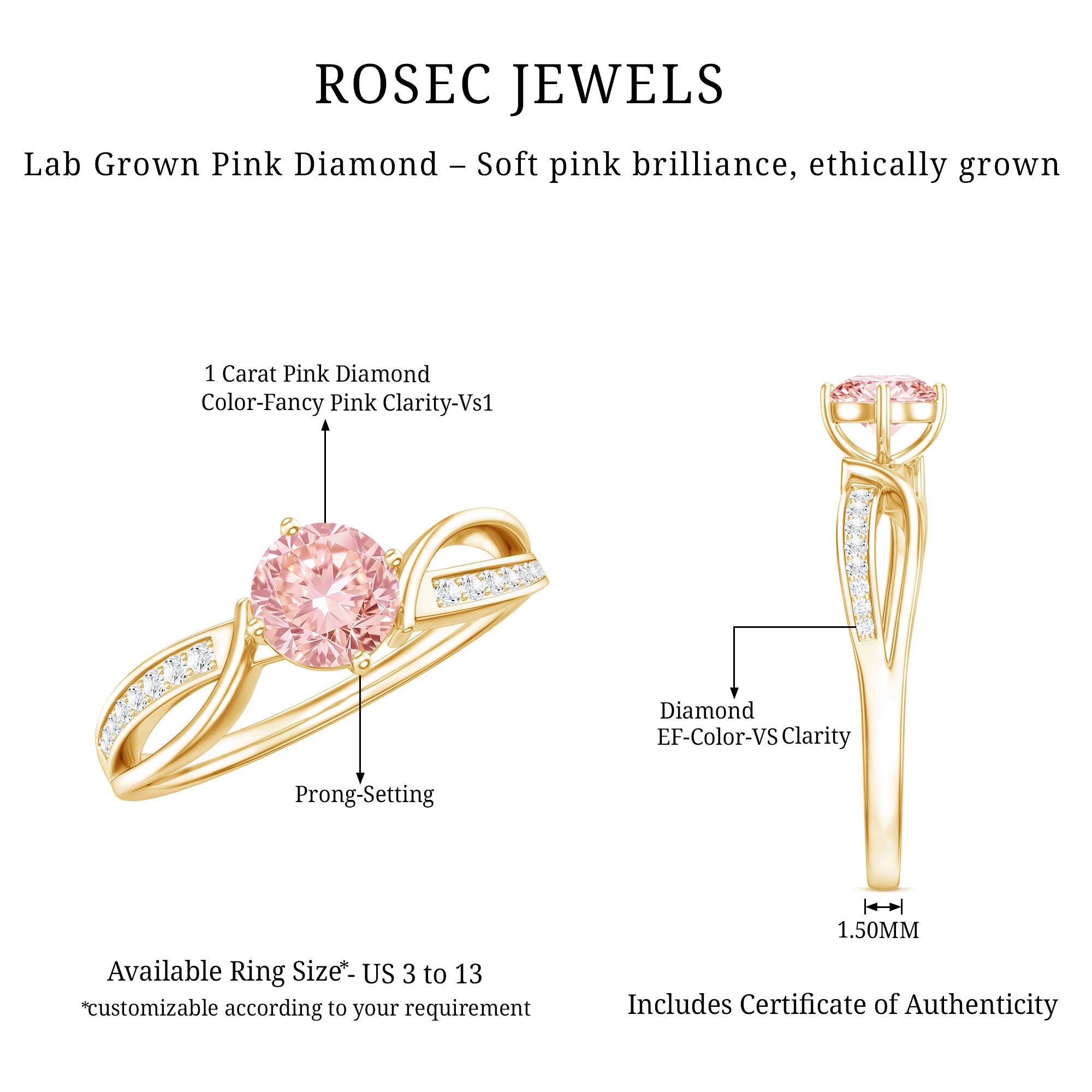 1 CT Lab Grown Pink Diamond Infinity Engagement Ring with IGI Certificate Fancy Pink - VS1 - Rosec Jewels