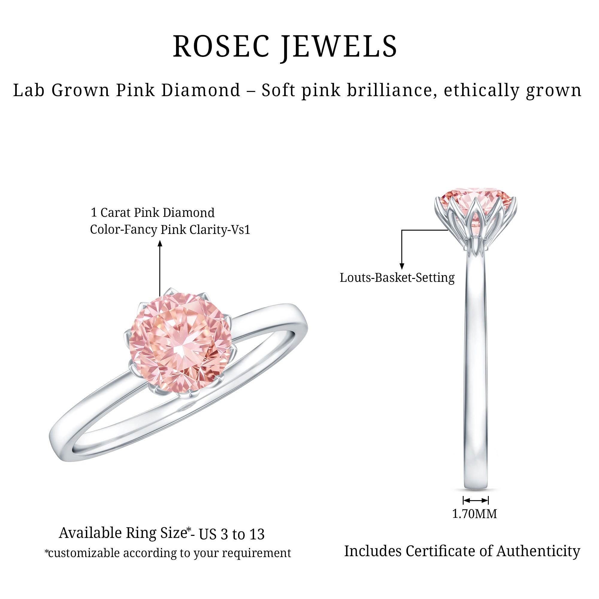 IGI Certified 1 CT Lab Grown Pink Diamond Solitaire Engagement Ring in Lotus Basket Setting Fancy Pink - VS1 - Rosec Jewels