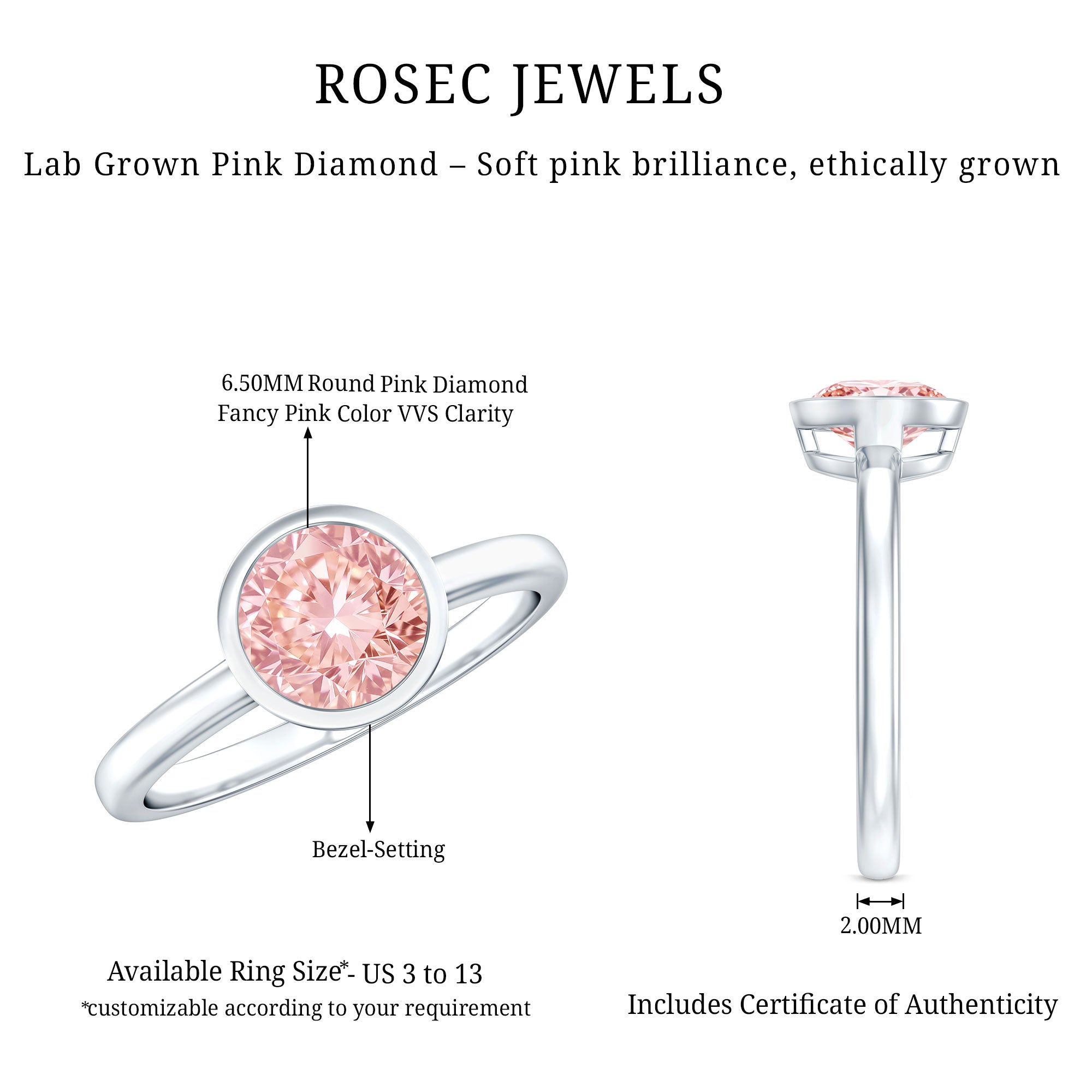 1 CT Lab Grown Pink Diamond Bezel Set Engagement Ring with IGI Certificate VVS - Rosec Jewels