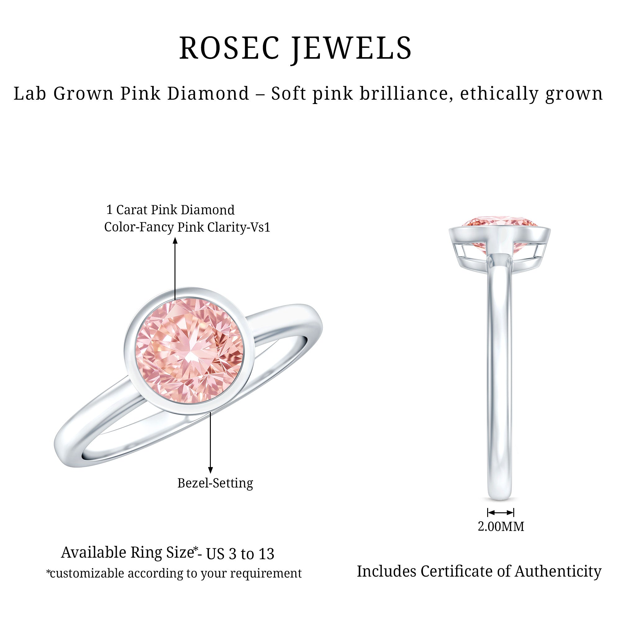 1 CT Lab Grown Pink Diamond Bezel Set Engagement Ring with IGI Certificate Fancy Pink - VS1 - Rosec Jewels