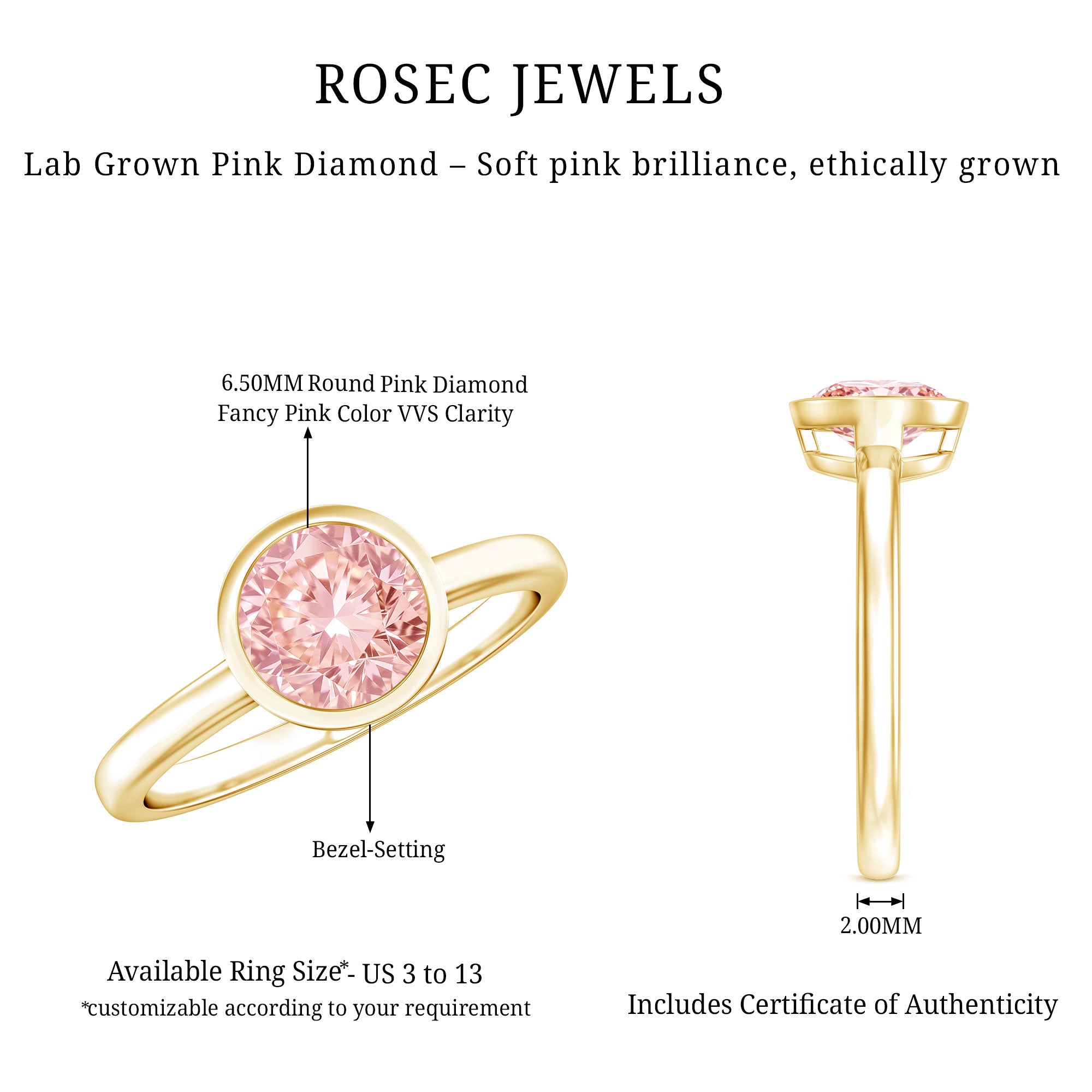 1 CT Lab Grown Pink Diamond Bezel Set Engagement Ring with IGI Certificate VVS - Rosec Jewels