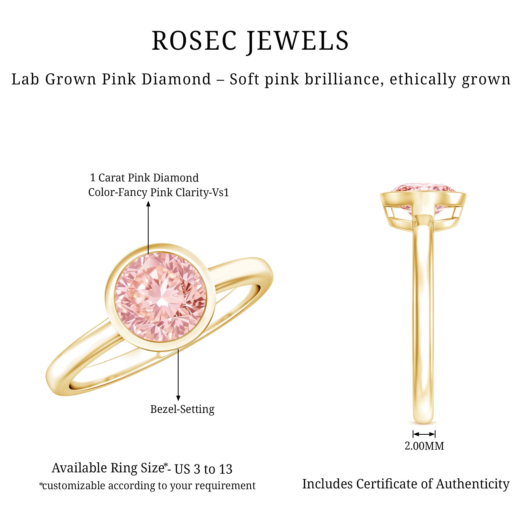 1 CT Lab Grown Pink Diamond Bezel Set Engagement Ring with IGI Certificate Fancy Pink - VS1 - Rosec Jewels