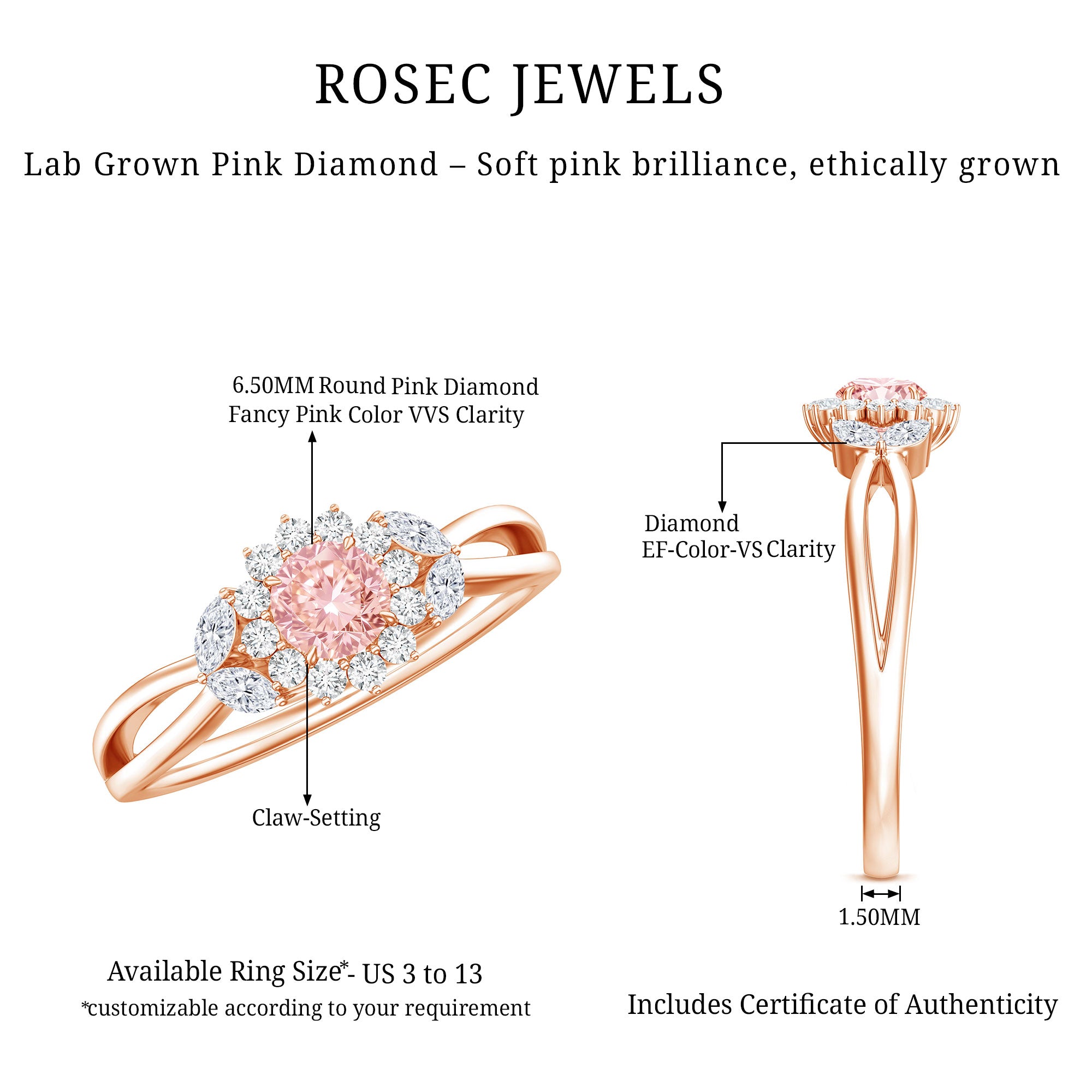 Lab Grown Pink and White Diamond Flower Engagement Ring IGI Certified E-VS1 - Rosec Jewels