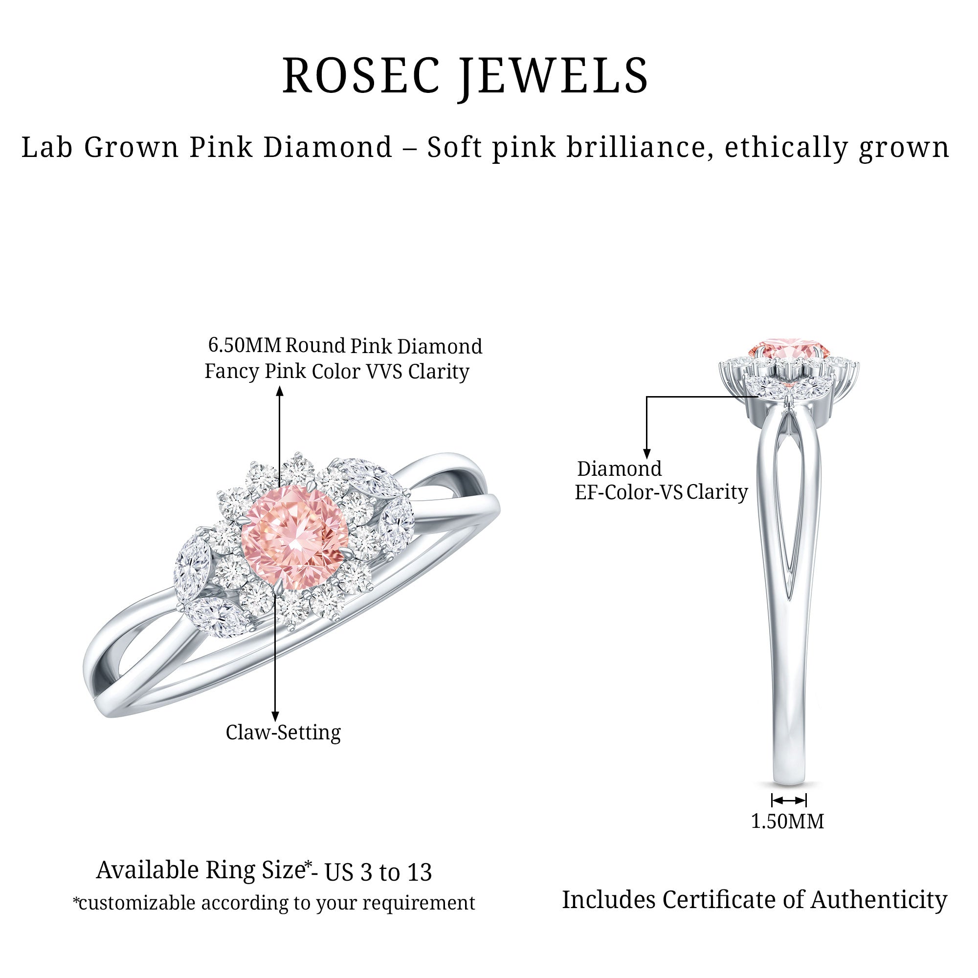 Lab Grown Pink and White Diamond Flower Engagement Ring IGI Certified E-VS1 - Rosec Jewels
