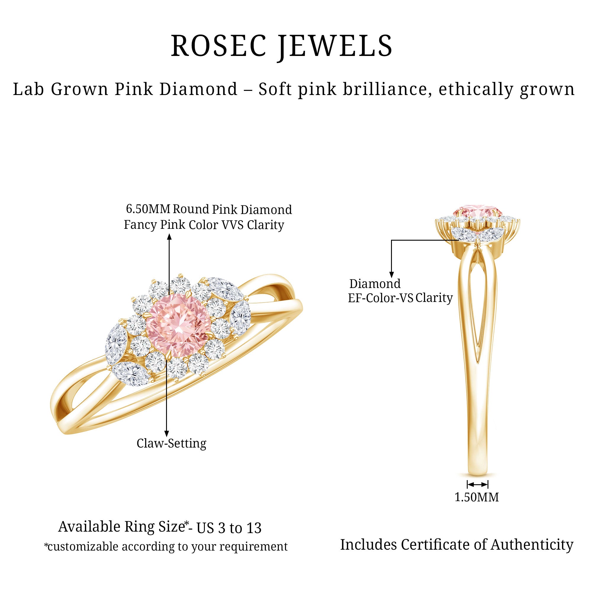 Lab Grown Pink and White Diamond Flower Engagement Ring IGI Certified E-VS1 - Rosec Jewels