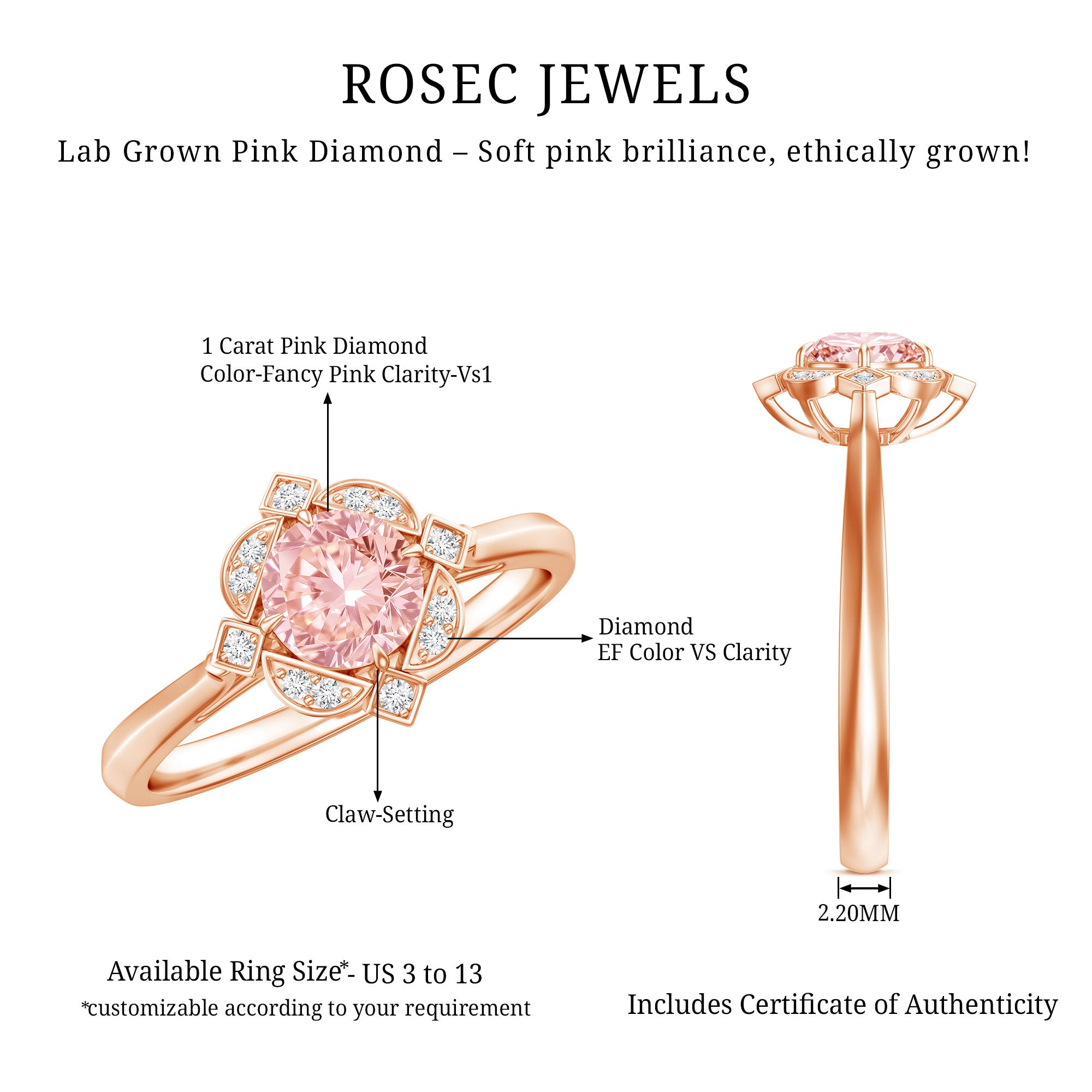 Vintage Inspired Lab Grown Pink Diamond Engagement Ring with IGI Certificate Fancy Pink - VS1 - Rosec Jewels