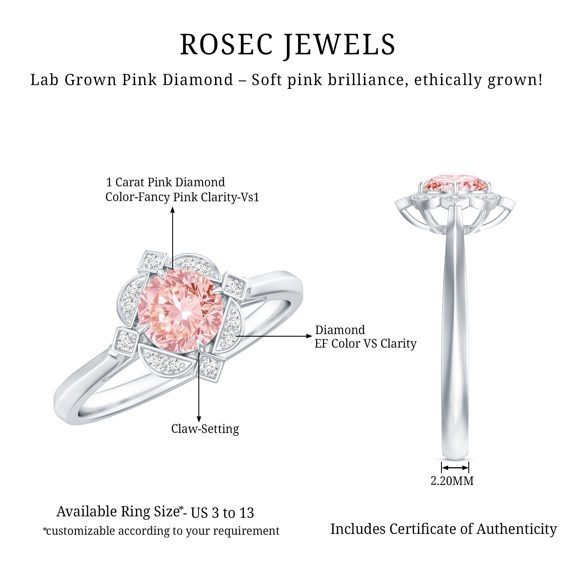 Vintage Inspired Lab Grown Pink Diamond Engagement Ring with IGI Certificate Fancy Pink - VS1 - Rosec Jewels