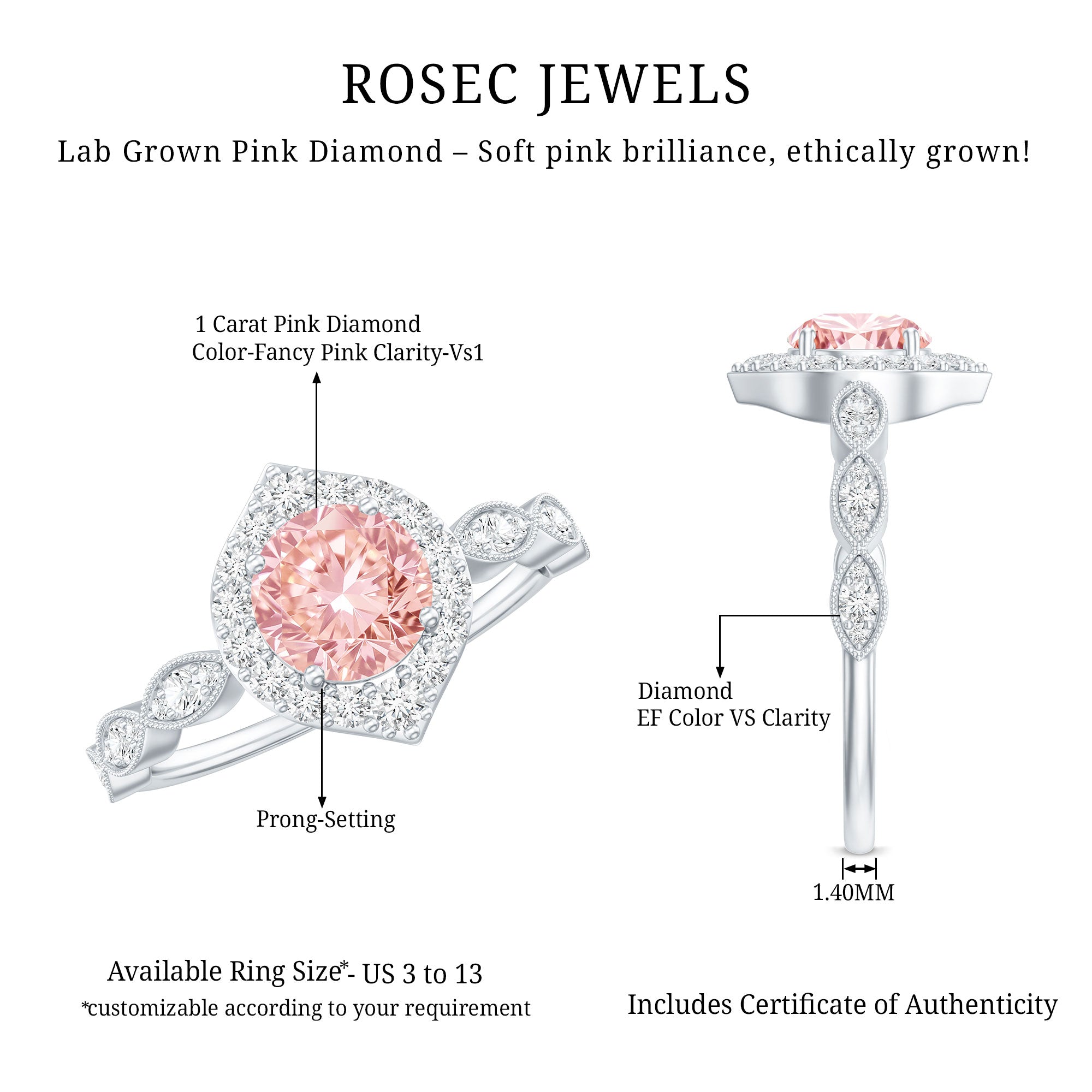 IGI Certified Lab Grown Pink White Diamond Designer Engagement Ring Fancy Pink - VS1 - Rosec Jewels