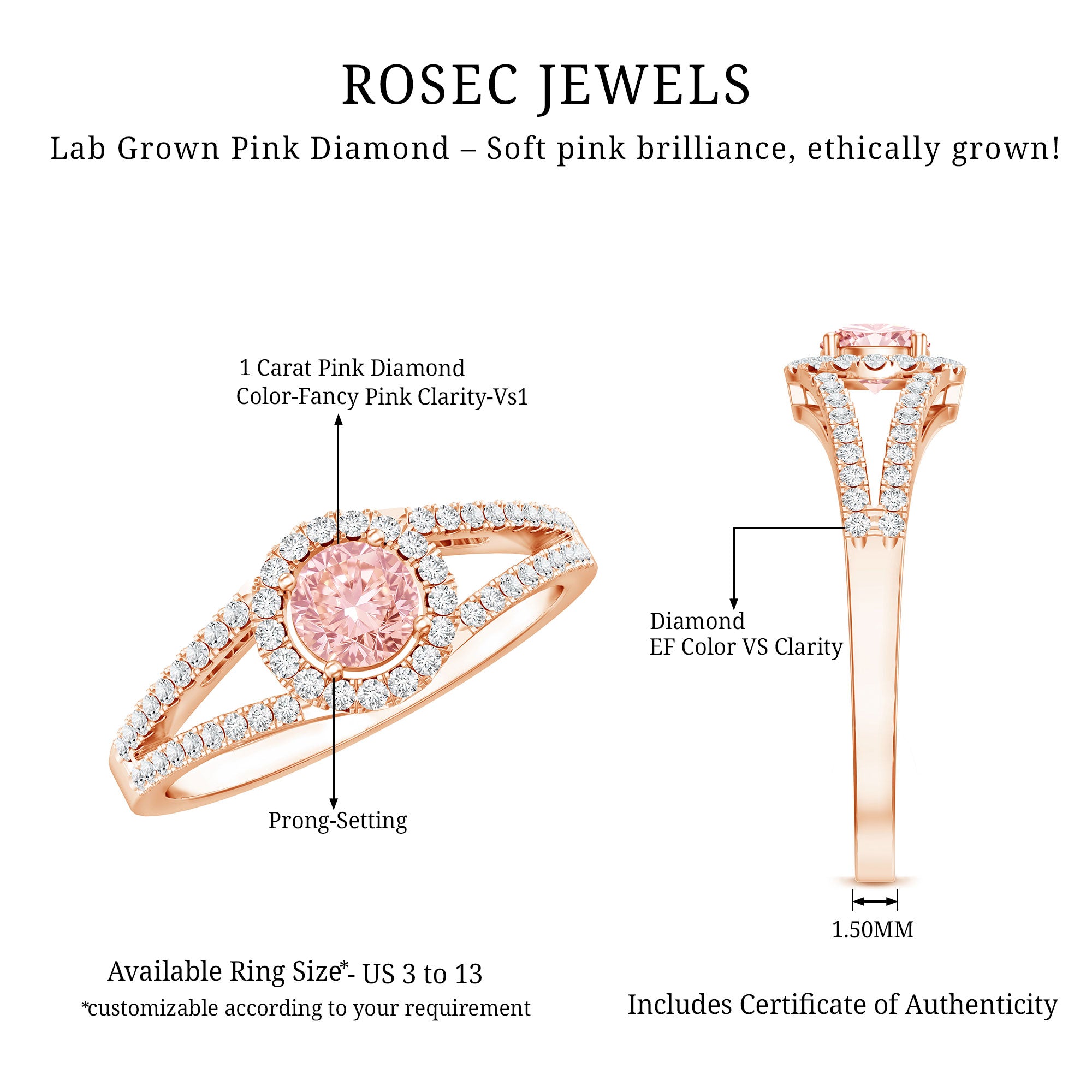 IGI Certified 1 CT Pink Lab Grown Diamond Halo Engagement Ring Fancy Pink - VS1 - Rosec Jewels