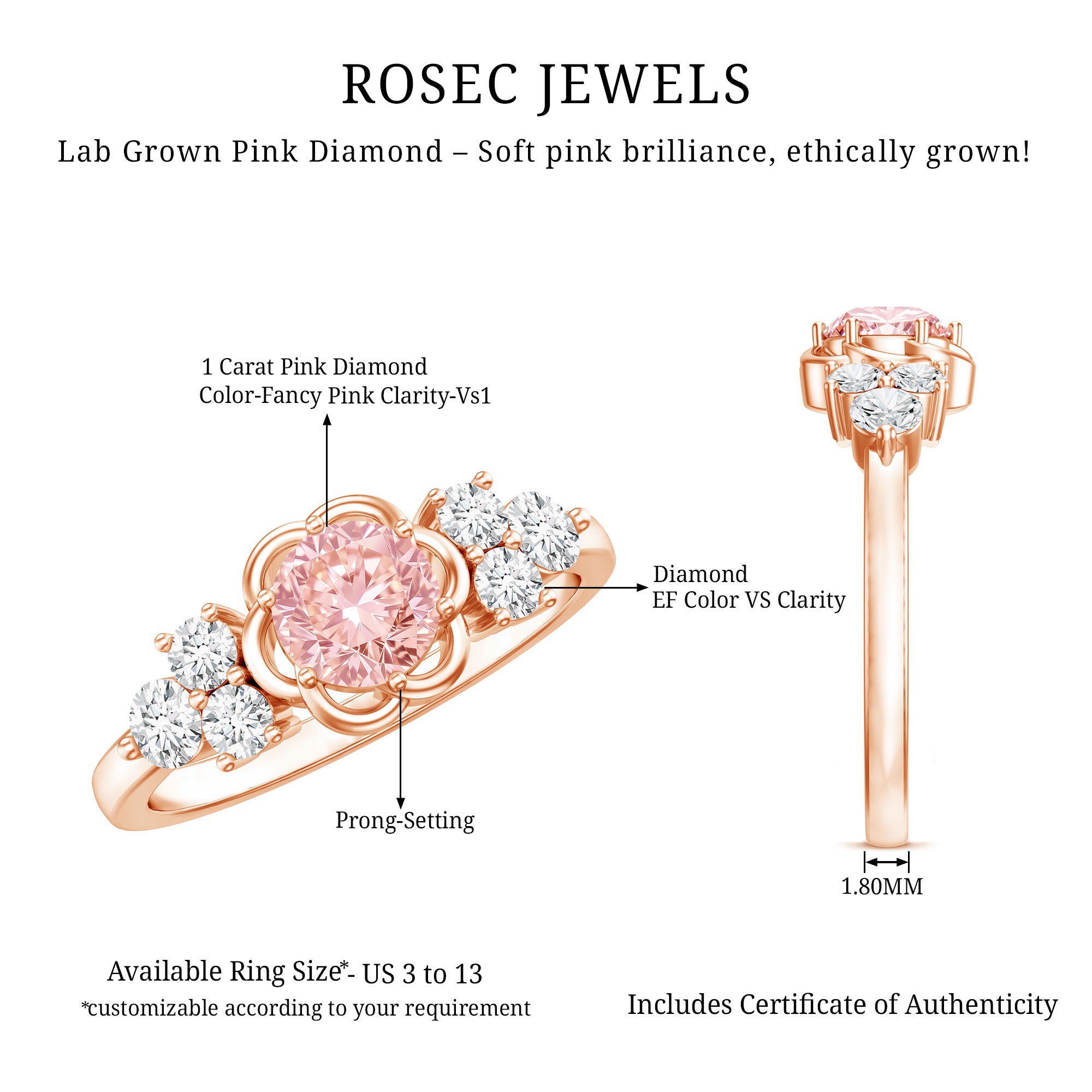 Nature Inspired Lab Grown Pink Diamond Flower Engagement Ring with IGI Certificate Fancy Pink - VS1 - Rosec Jewels