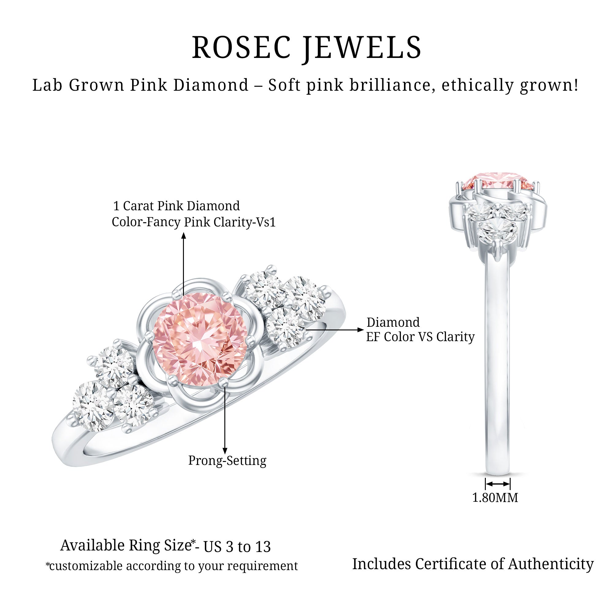 Nature Inspired Lab Grown Pink Diamond Flower Engagement Ring with IGI Certificate Fancy Pink - VS1 - Rosec Jewels
