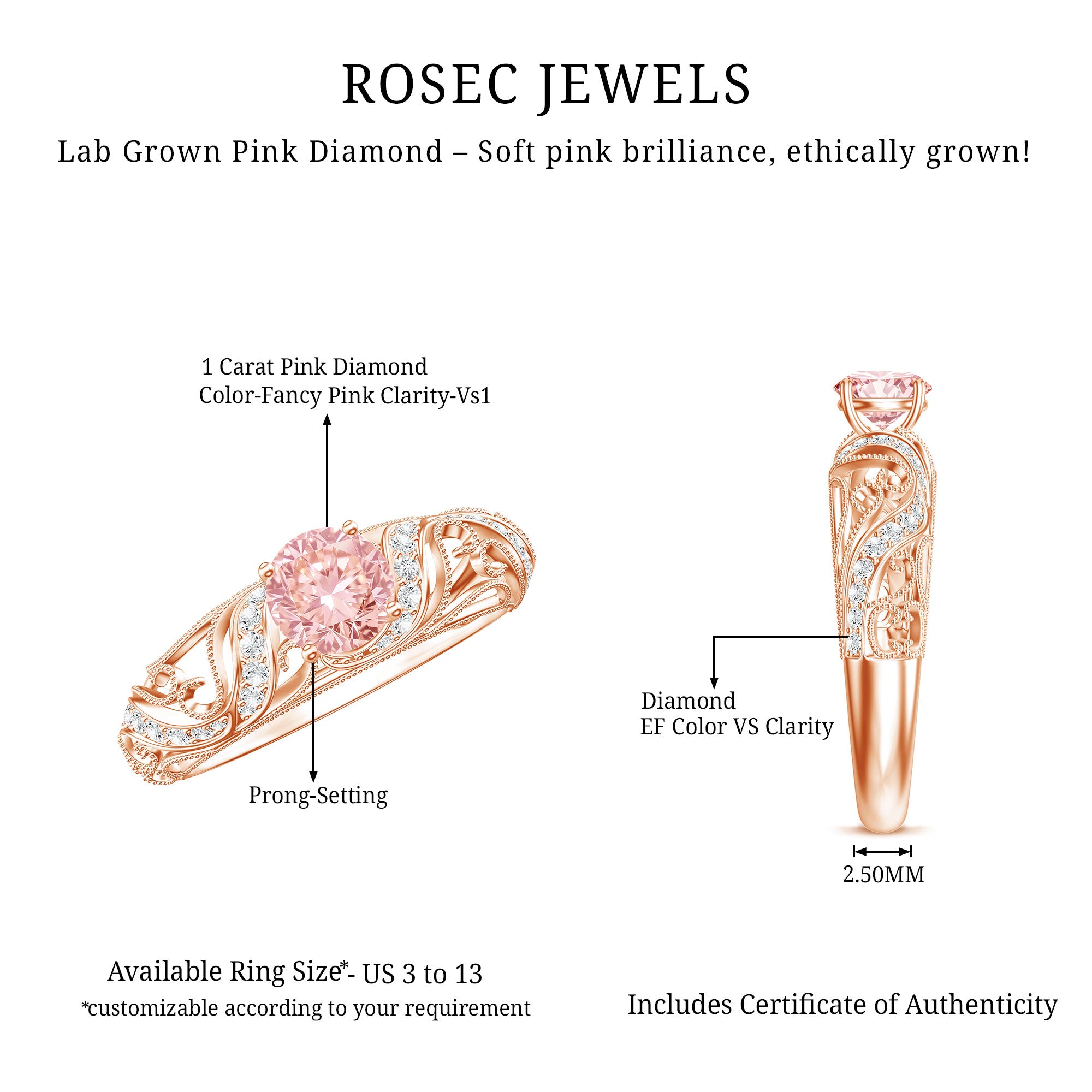Lab Grown Pink Diamond Vintage Inspired Engagement Ring IGI Certified Fancy Pink - VS1 - Rosec Jewels