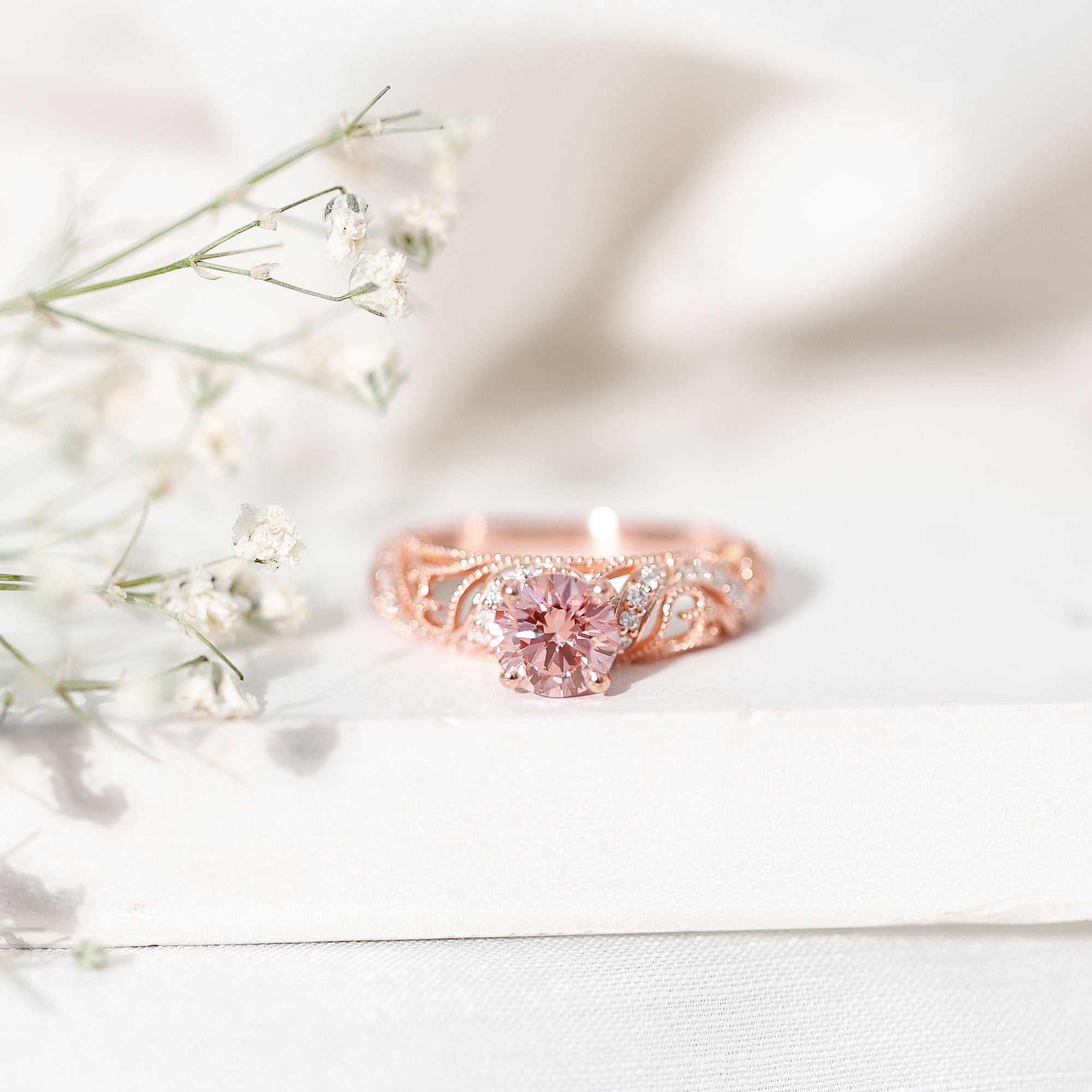 Lab Grown Pink Diamond Vintage Inspired Engagement Ring IGI Certified Fancy Pink - VS1 - Rosec Jewels