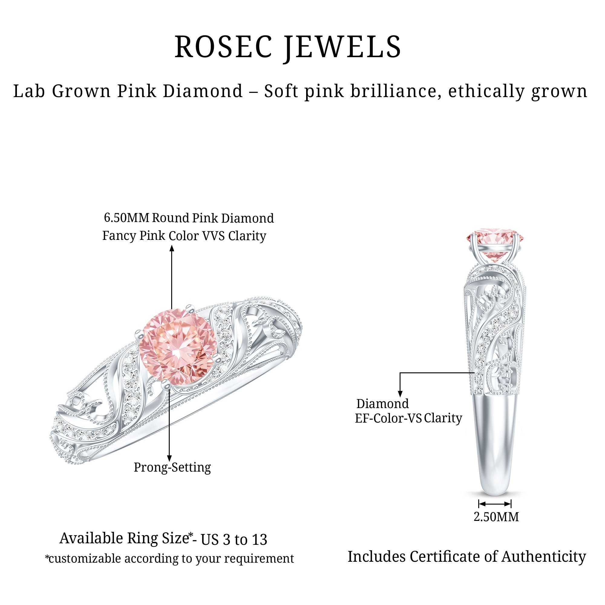 Lab Grown Pink Diamond Vintage Inspired Engagement Ring IGI Certified E-VS1 - Rosec Jewels