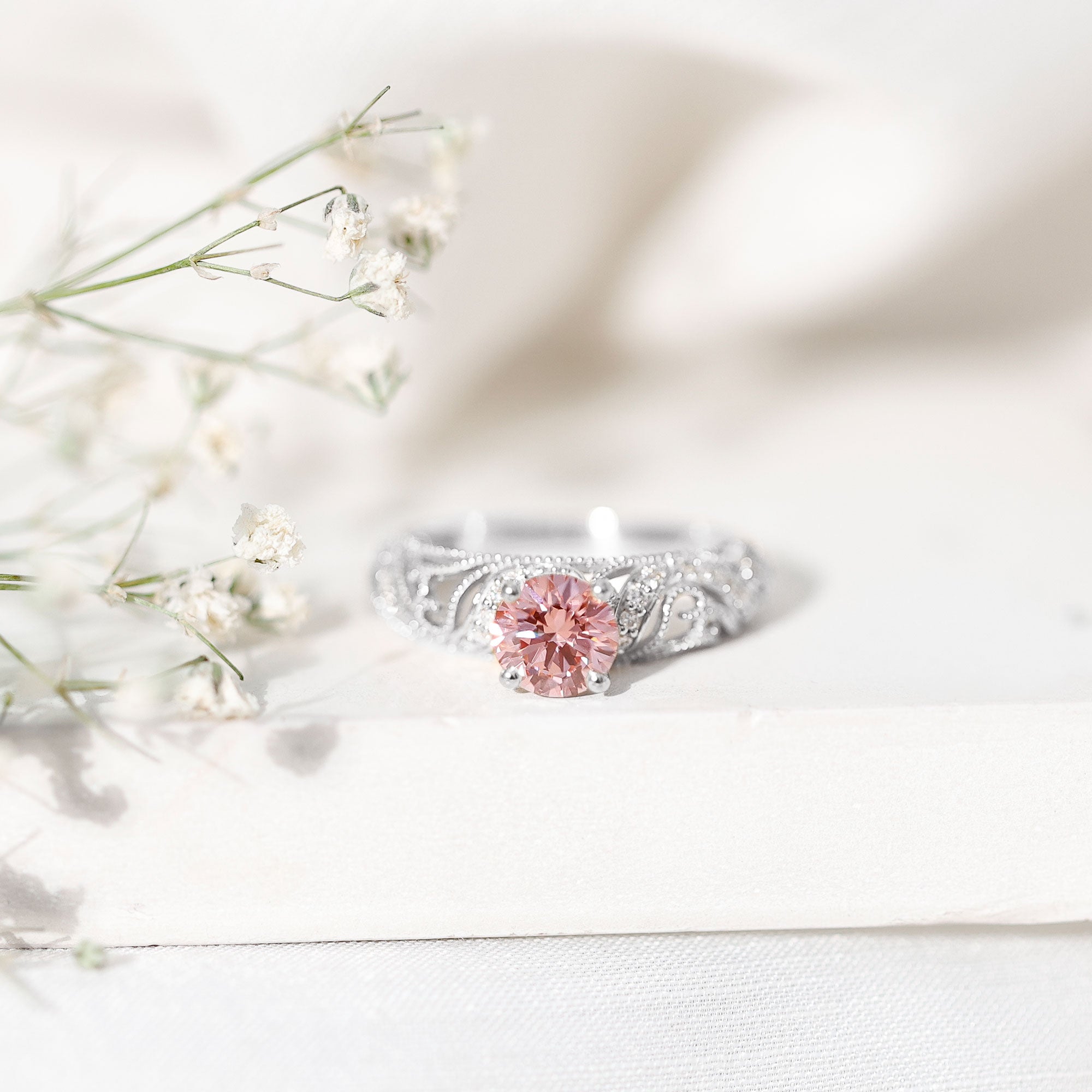 Lab Grown Pink Diamond Vintage Inspired Engagement Ring IGI Certified Fancy Pink - VS1 - Rosec Jewels