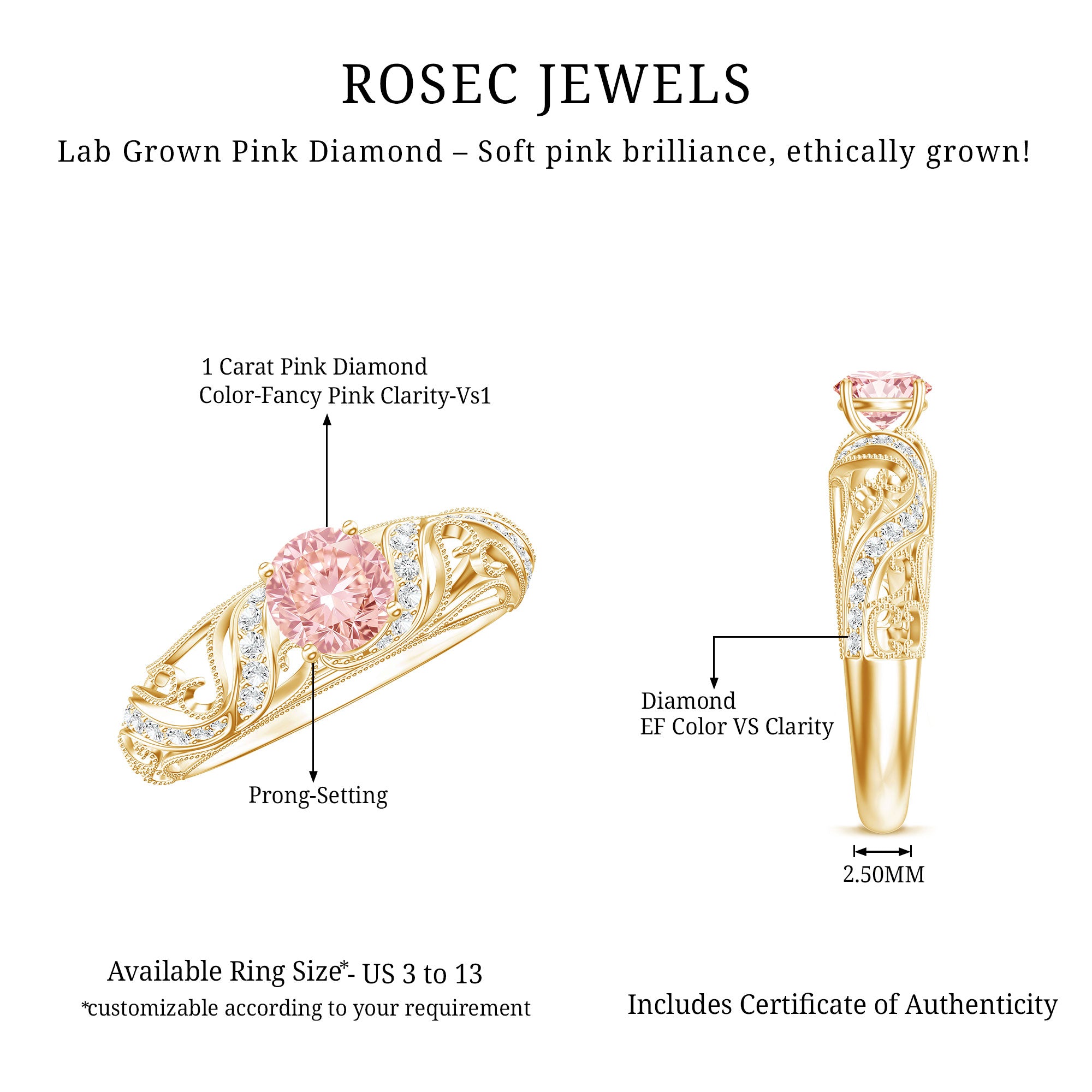 Lab Grown Pink Diamond Vintage Inspired Engagement Ring IGI Certified Fancy Pink - VS1 - Rosec Jewels