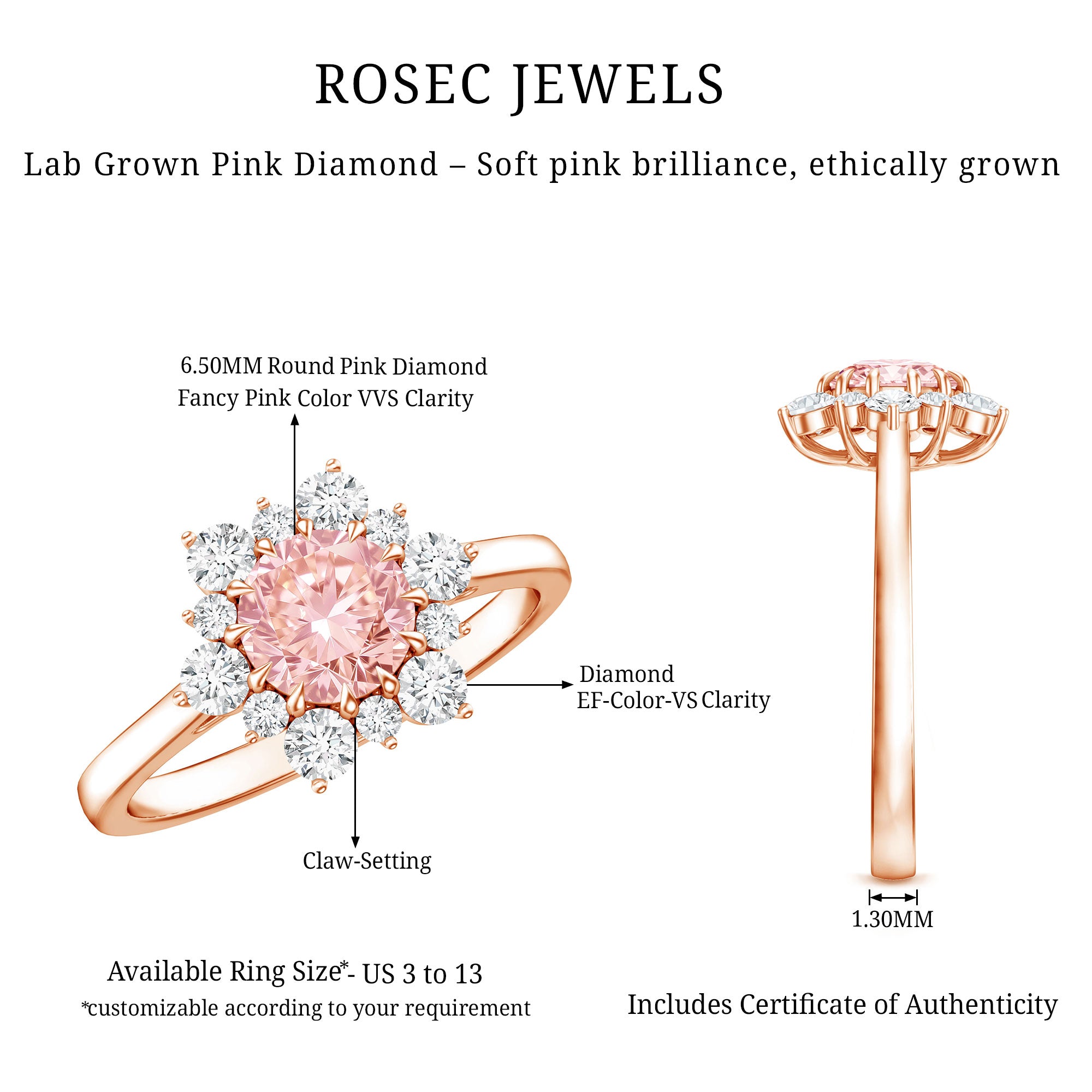 Rosec Jewels-1 CT Lab Grown Pink and White Diamond Halo Engagement Ring