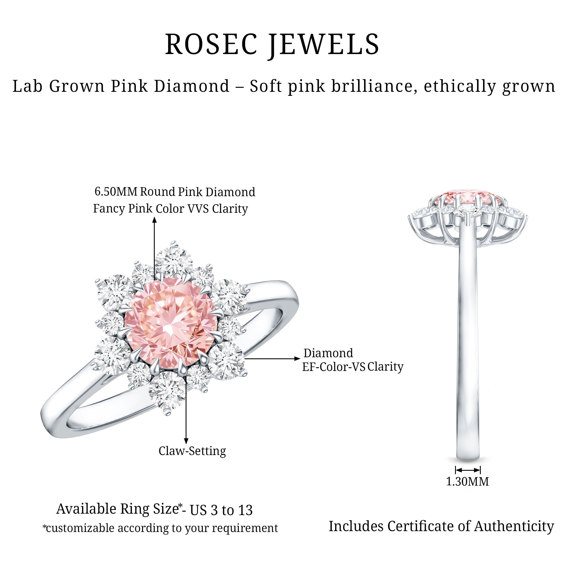 IGI Certified 1 CT Lab Grown Pink and White Diamond Halo Engagement Ring E-VS1 - Rosec Jewels