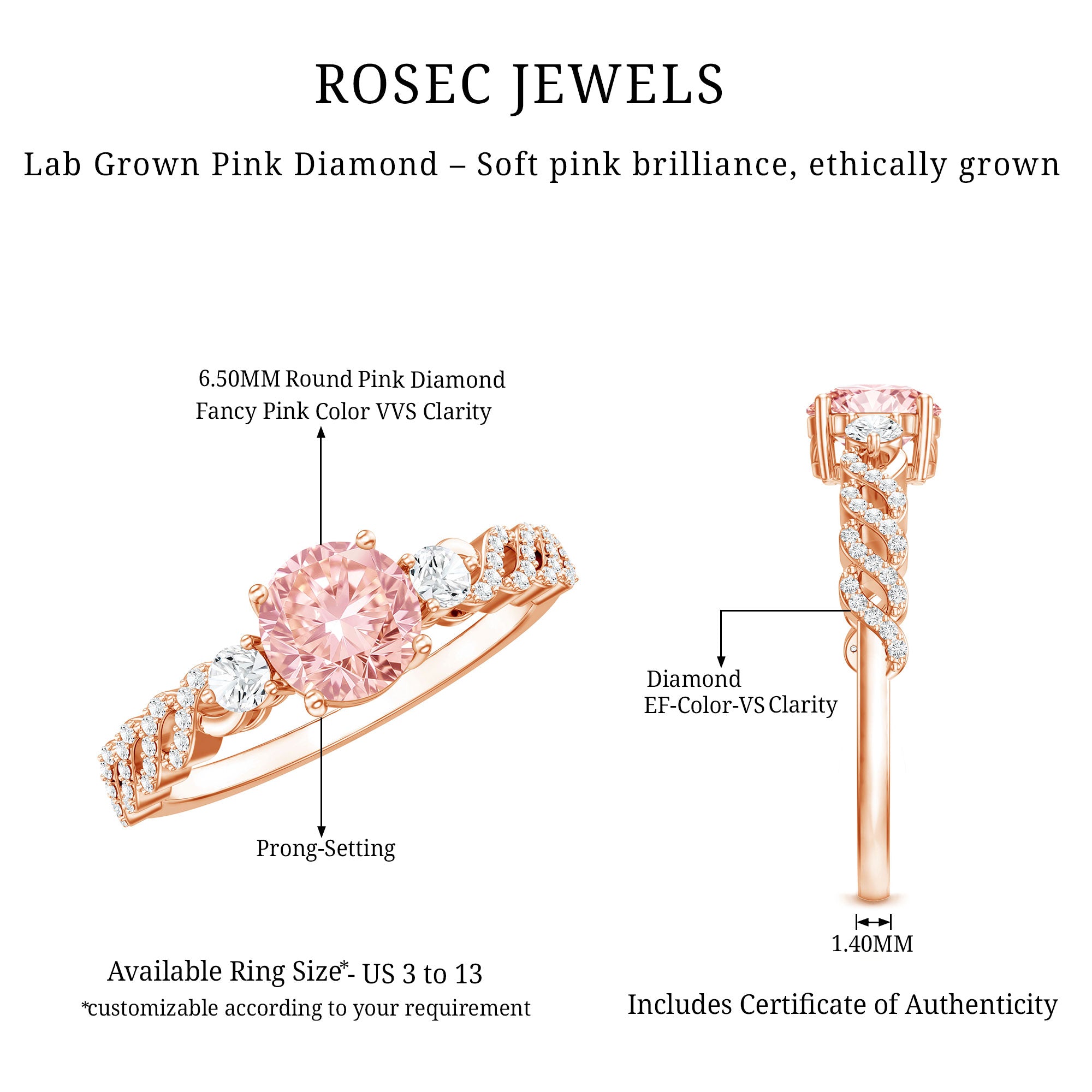 Rosec Jewels-Lab Grown Fancy Pink Diamond Engagement Ring with Certificate