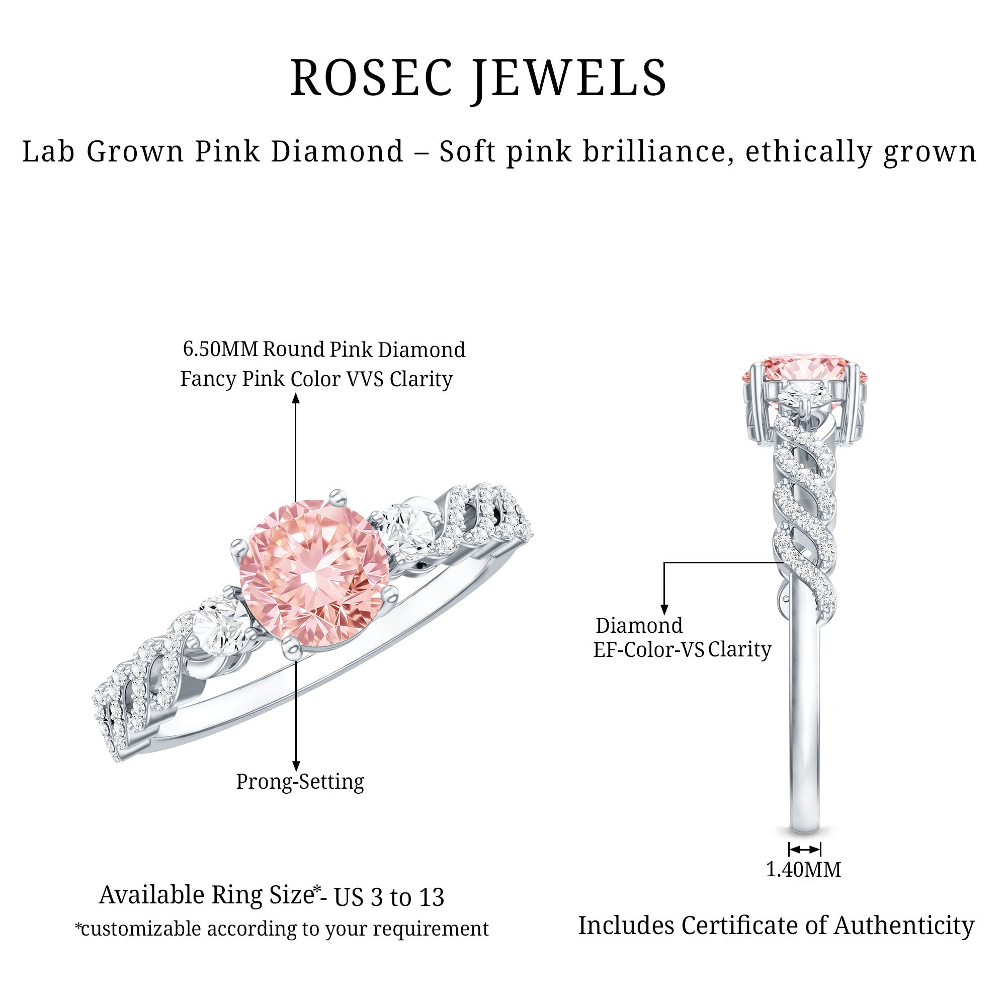 Rosec Jewels-Lab Grown Fancy Pink Diamond Engagement Ring with Certificate