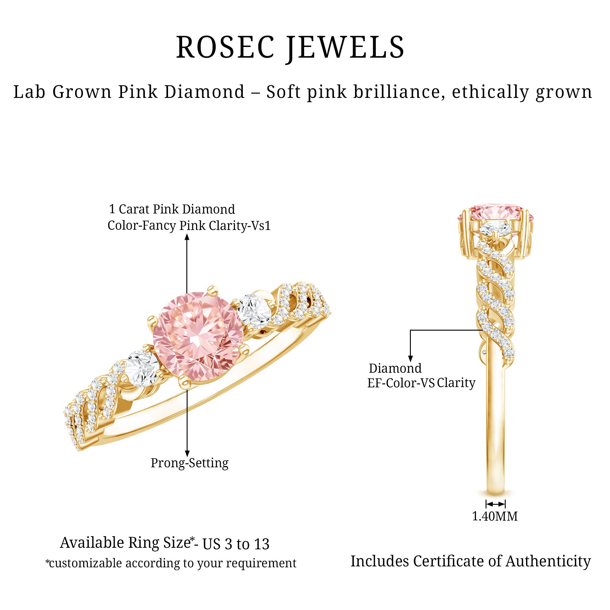 Lab Grown Fancy Pink Diamond Engagement Ring with IGI Certificate Fancy Pink - VS1 - Rosec Jewels