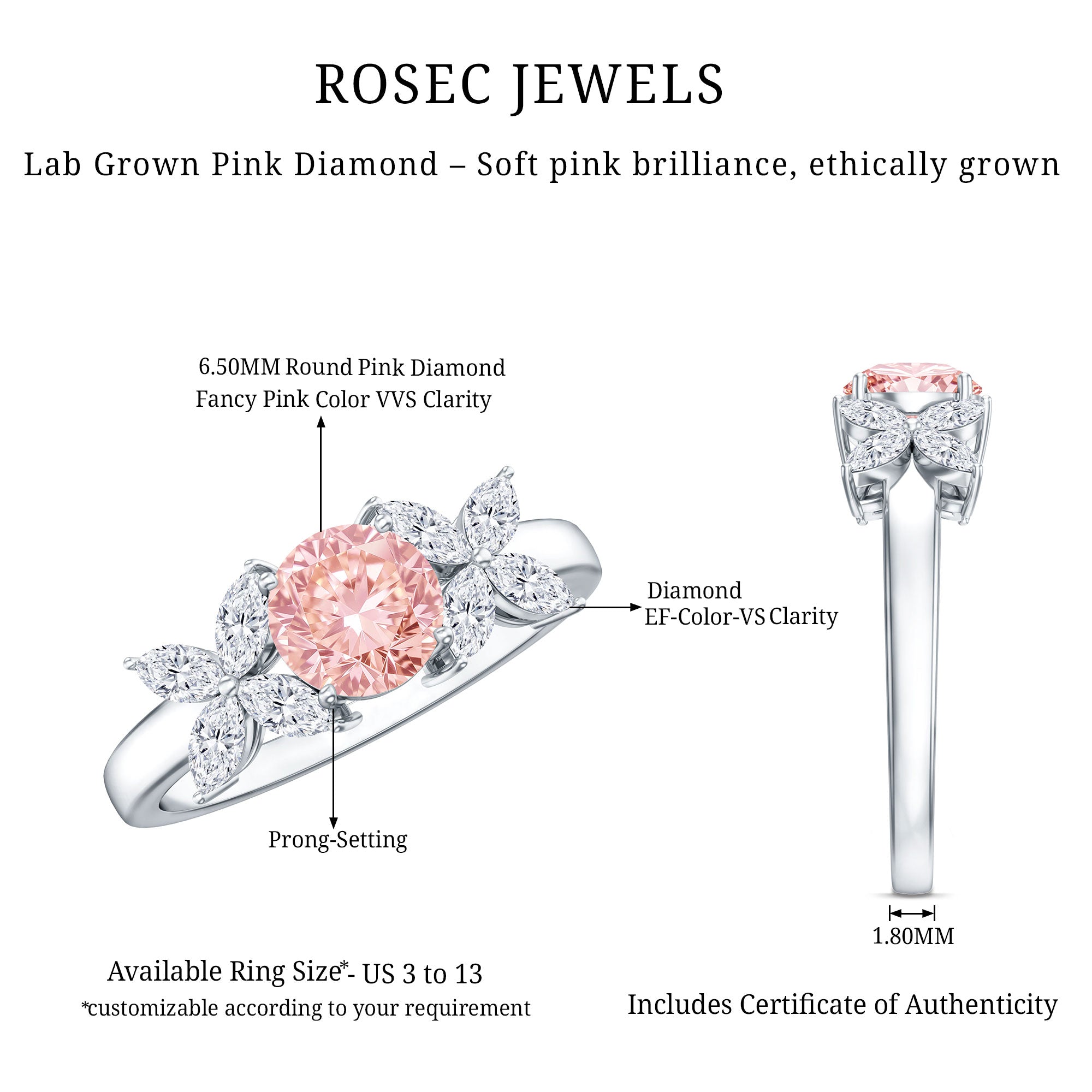 Rosec Jewels-Lab Grown Pink White Diamond Flower Engagement Ring