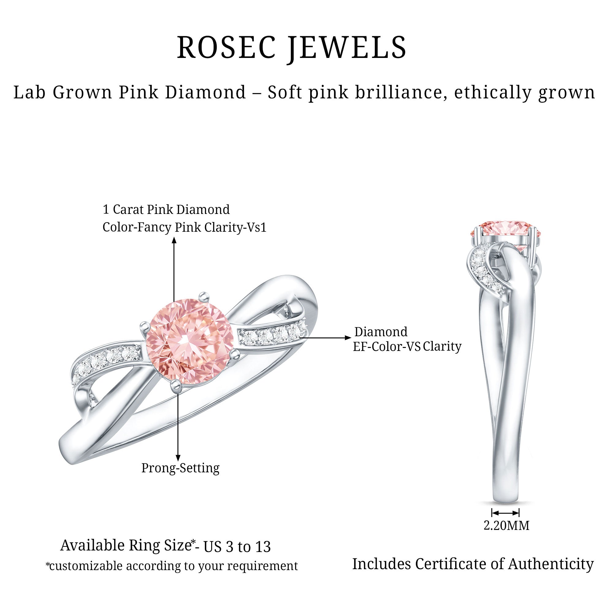 IGI Certified Lab Grown Pink Diamond Classic Engagement Ring Fancy Pink - VS1 - Rosec Jewels