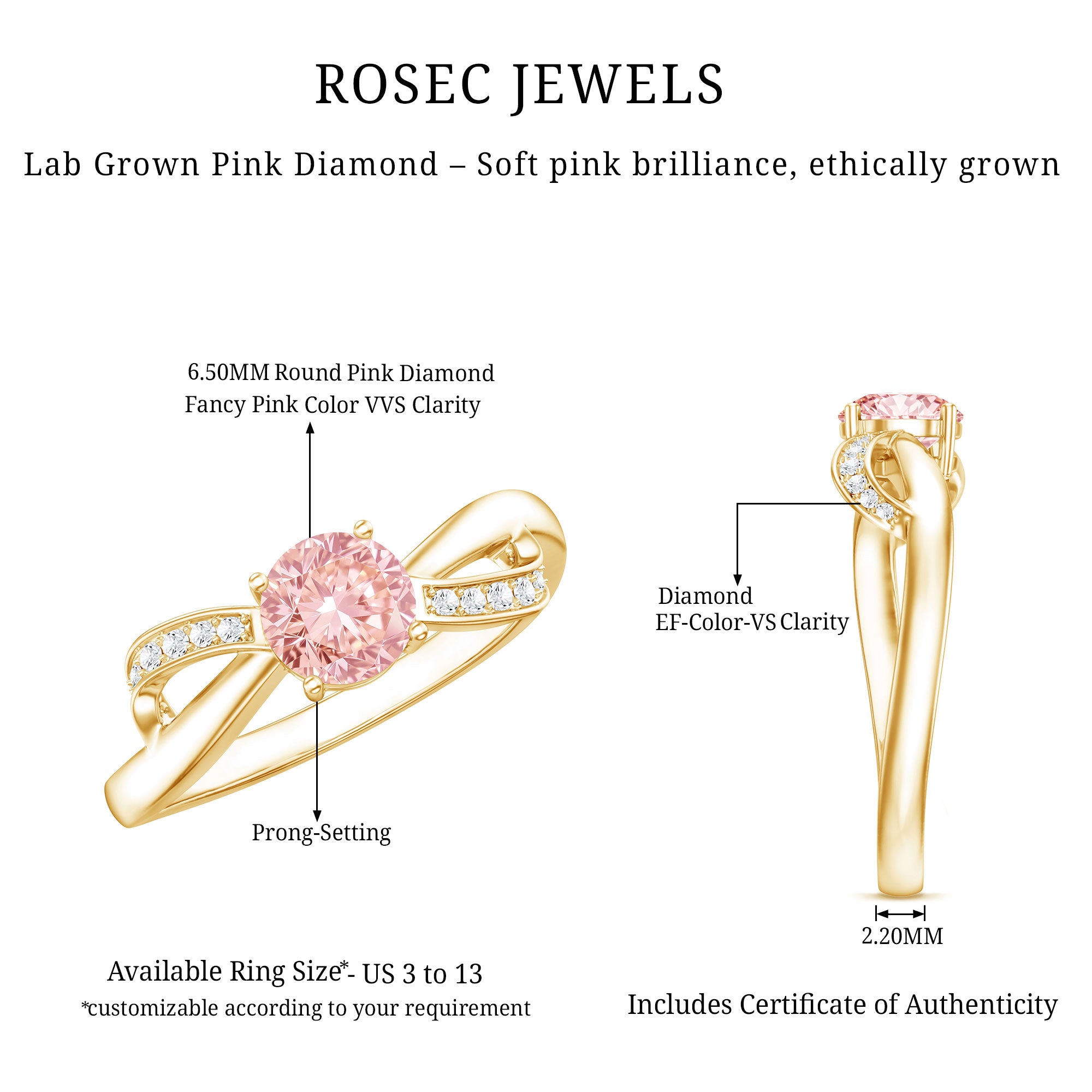 IGI Certified Lab Grown Pink Diamond Classic Engagement Ring E-VS1 - Rosec Jewels