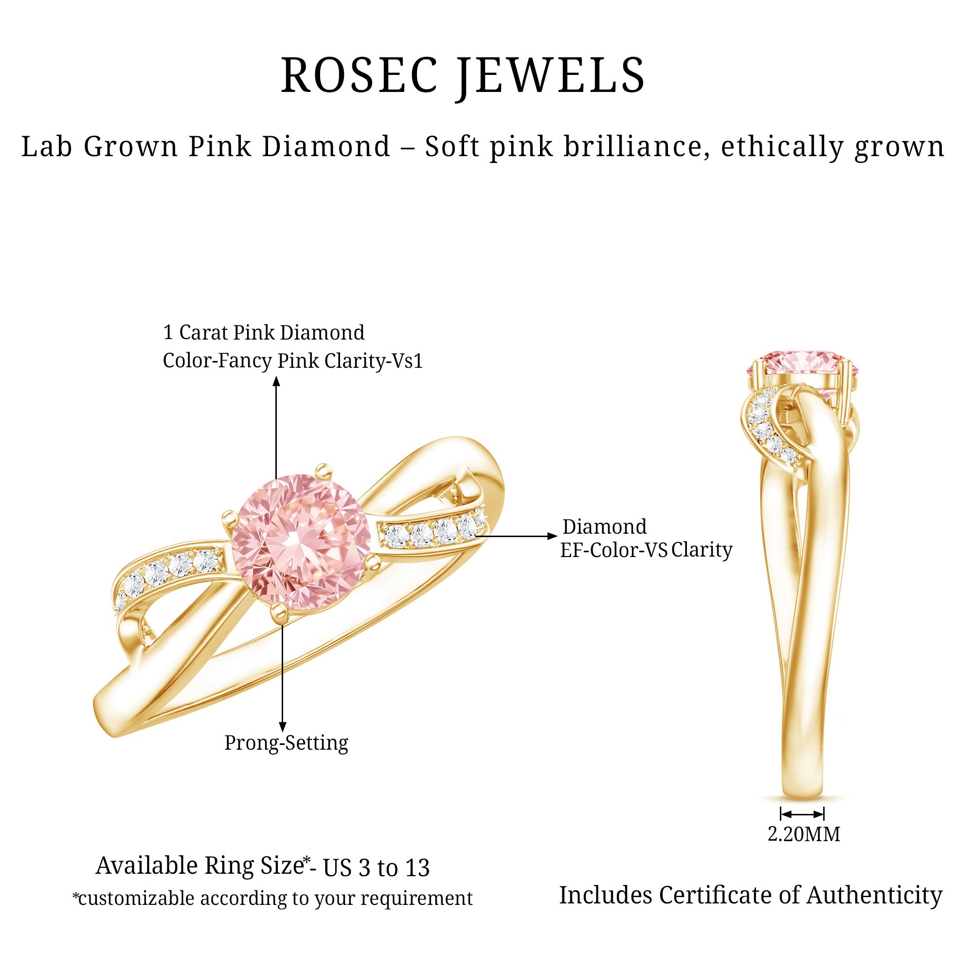 IGI Certified Lab Grown Pink Diamond Classic Engagement Ring Fancy Pink - VS1 - Rosec Jewels