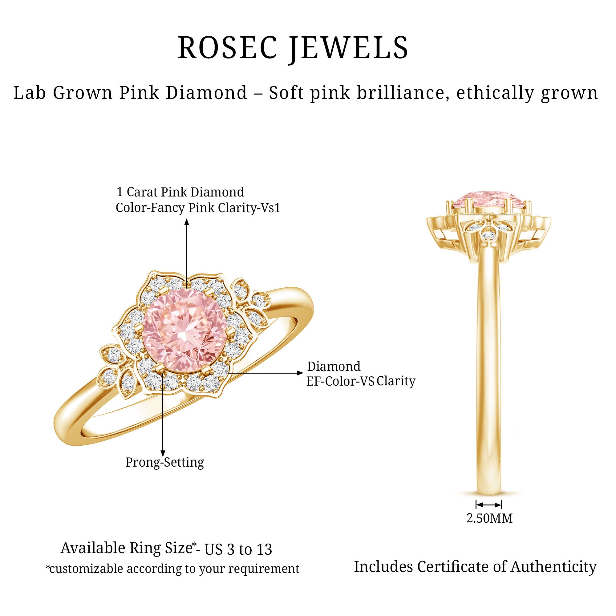 Pink and White Lab Grown Diamond Designer Engagement Ring with IGI Certificate Fancy Pink - VS1 - Rosec Jewels