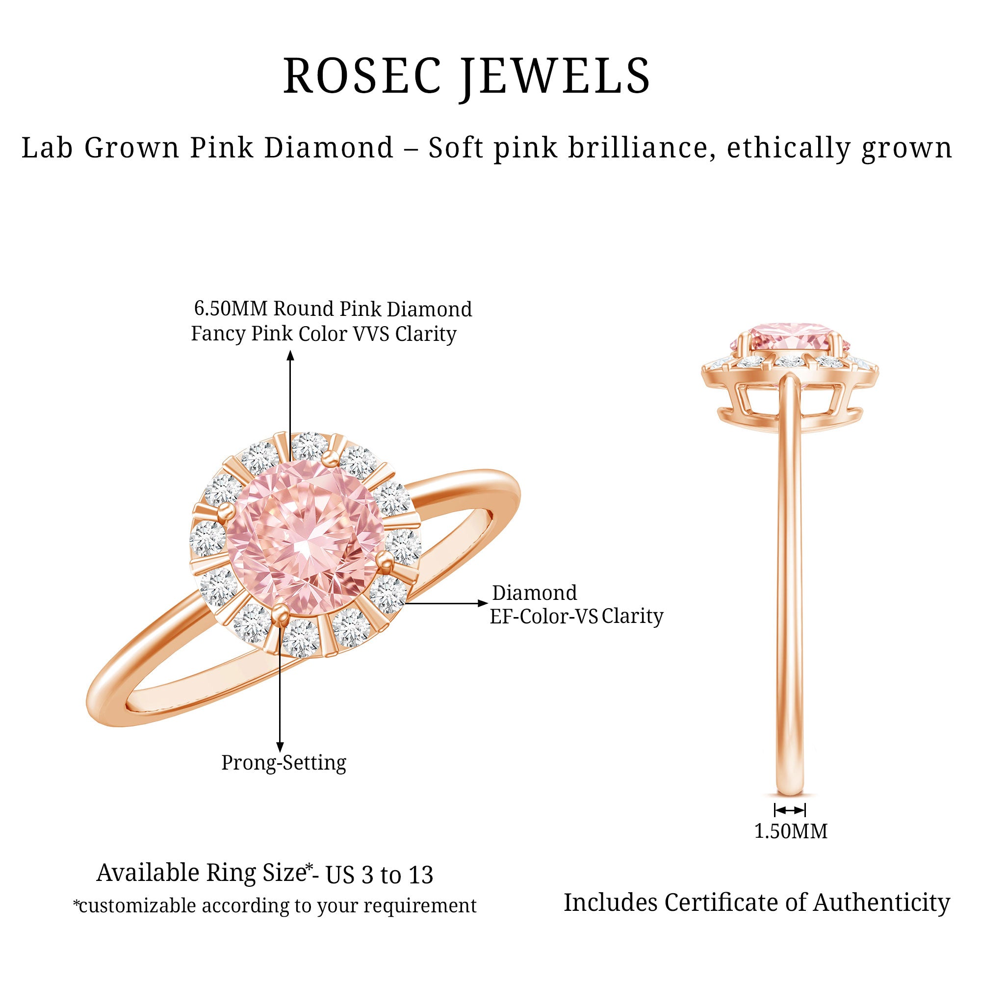 Fancy Intense Pink Lab Grown Diamond Halo Engagement Ring with IGI Certificate E-VS1 - Rosec Jewels