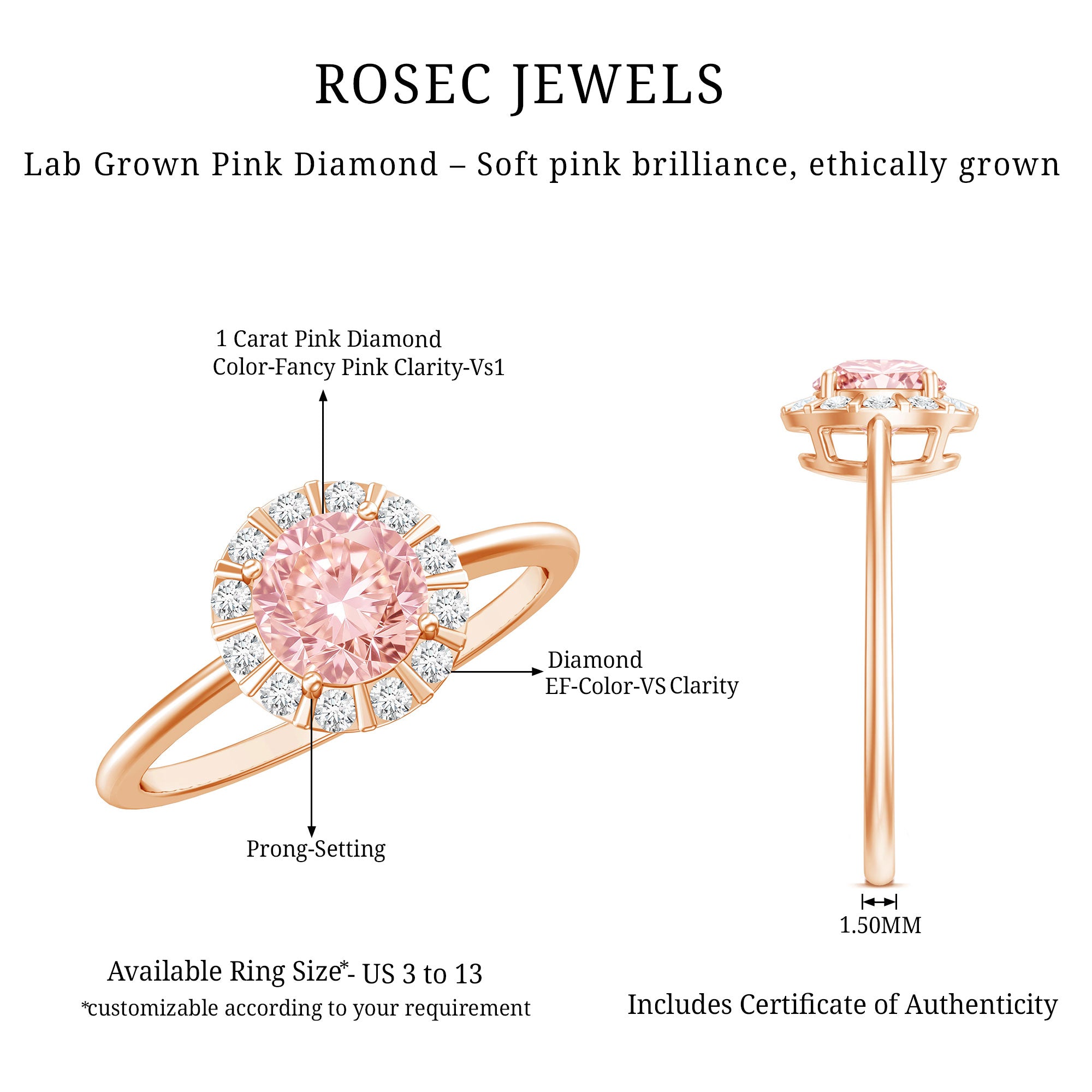 Fancy Intense Pink Lab Grown Diamond Halo Engagement Ring with IGI Certificate Fancy Pink - VS1 - Rosec Jewels