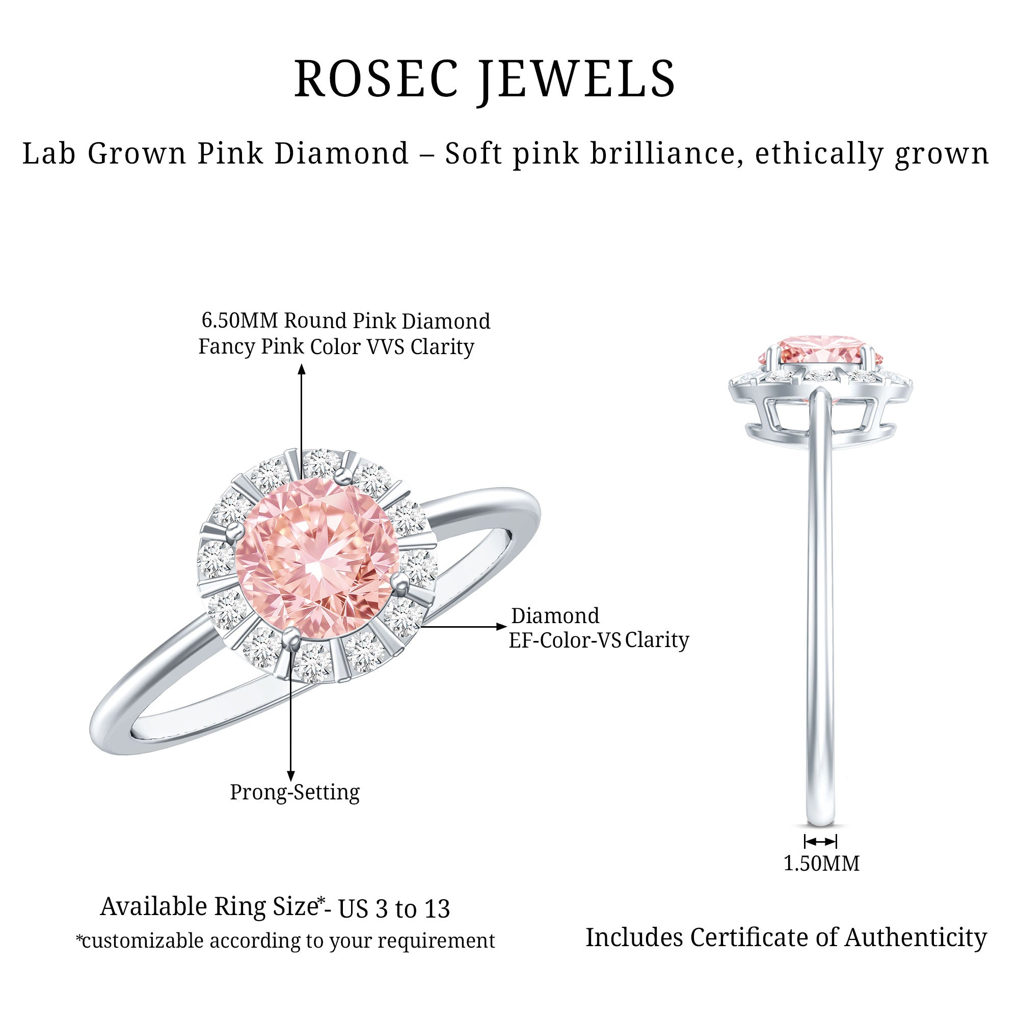 Fancy Intense Pink Lab Grown Diamond Halo Engagement Ring with IGI Certificate E-VS1 - Rosec Jewels