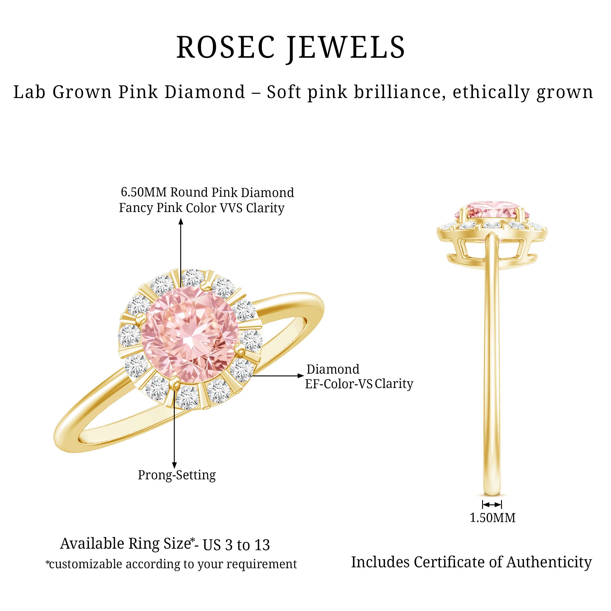Fancy Intense Pink Lab Grown Diamond Halo Engagement Ring with IGI Certificate E-VS1 - Rosec Jewels