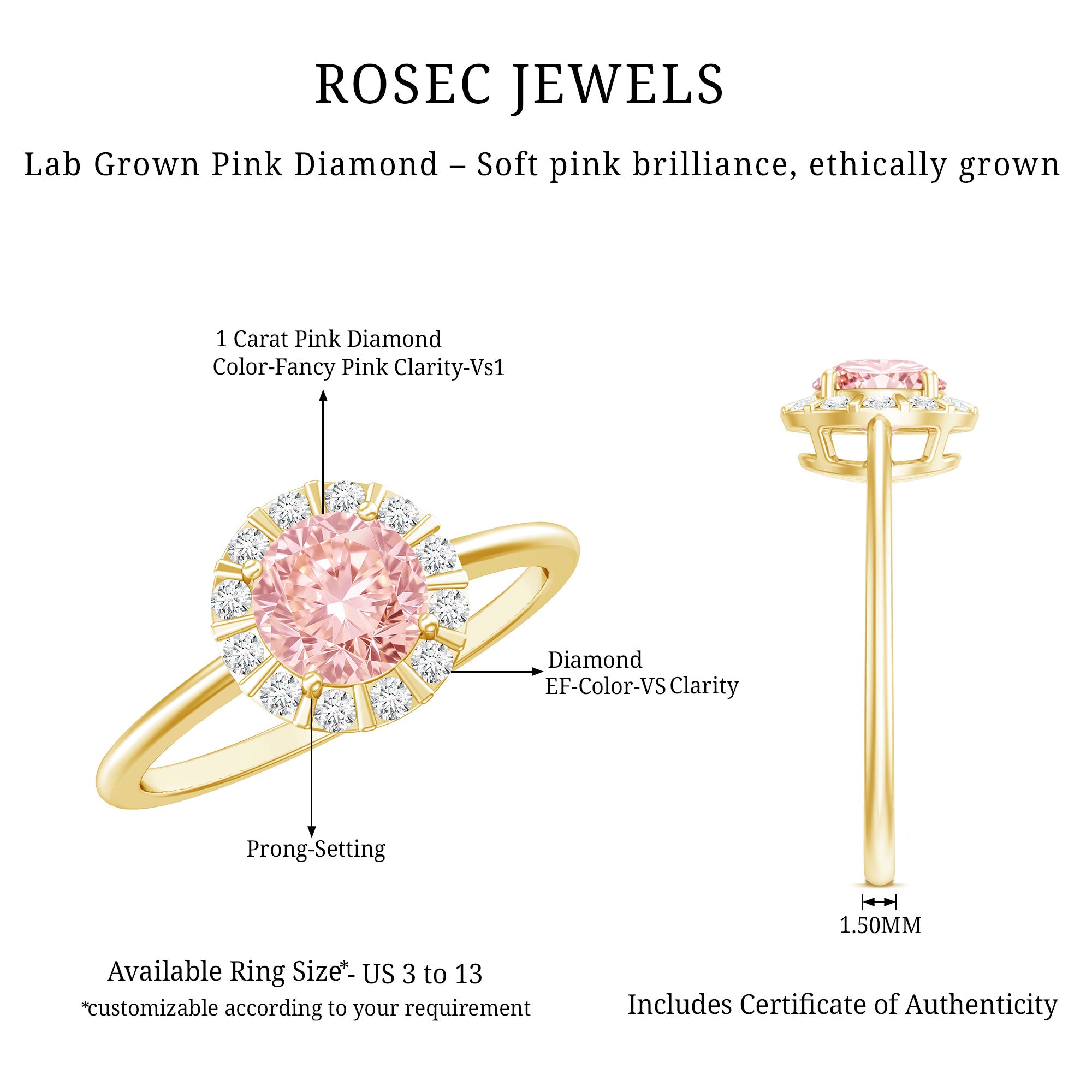 Fancy Intense Pink Lab Grown Diamond Halo Engagement Ring with IGI Certificate Fancy Pink - VS1 - Rosec Jewels