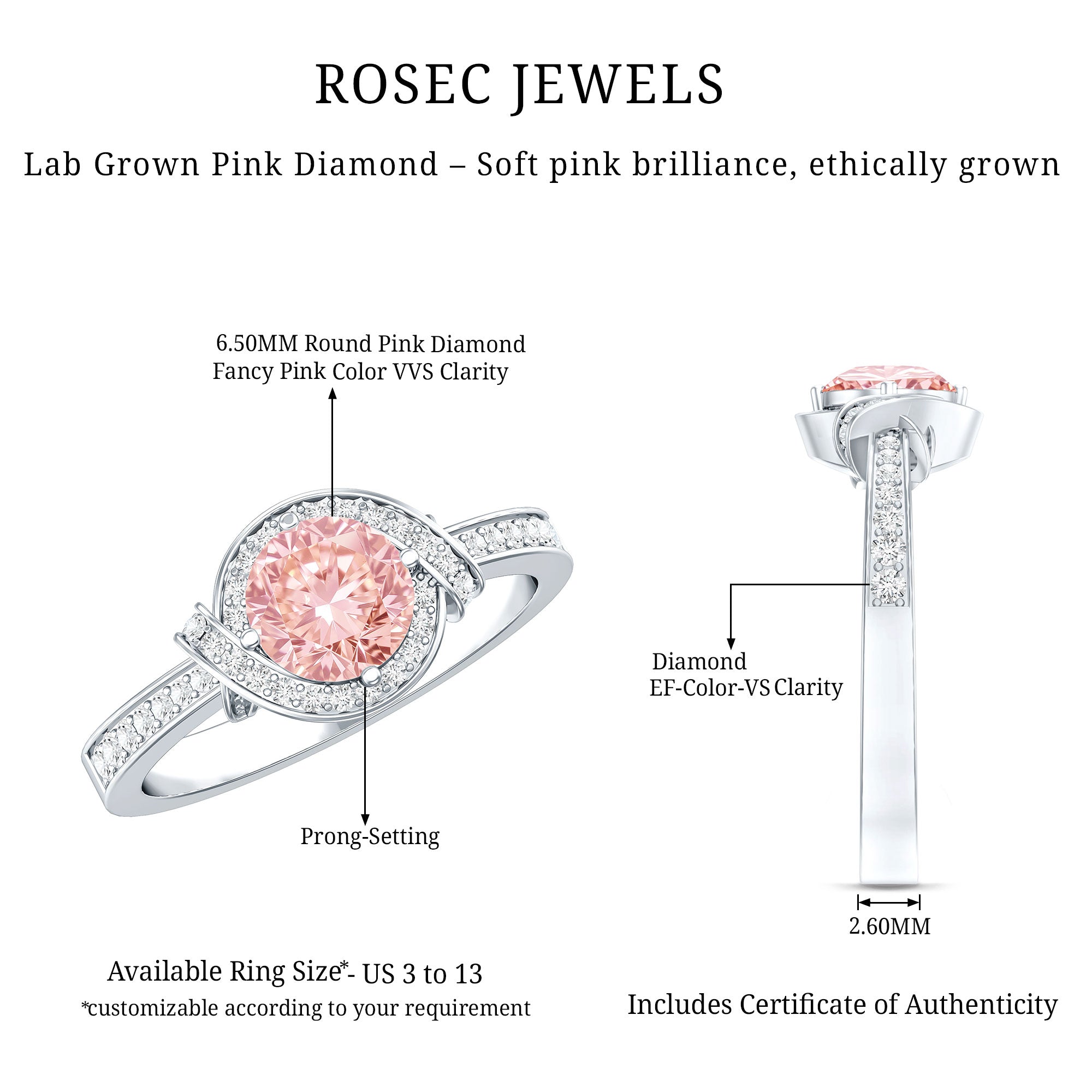 IGI Certified Lab Grown Pink Diamond Halo Engagement Ring for Women Fancy Pink - VS1 - Rosec Jewels