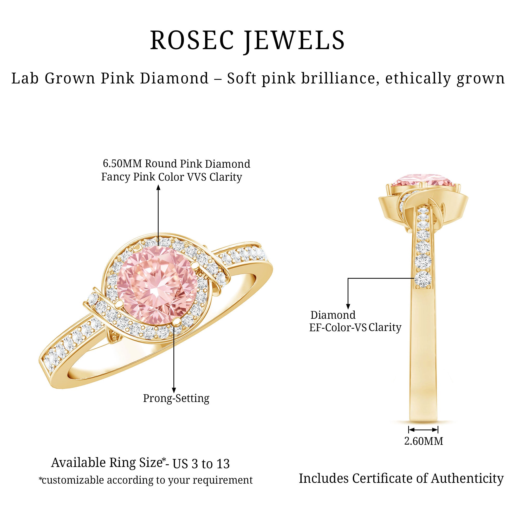 IGI Certified Lab Grown Pink Diamond Halo Engagement Ring for Women Fancy Pink - VS1 - Rosec Jewels