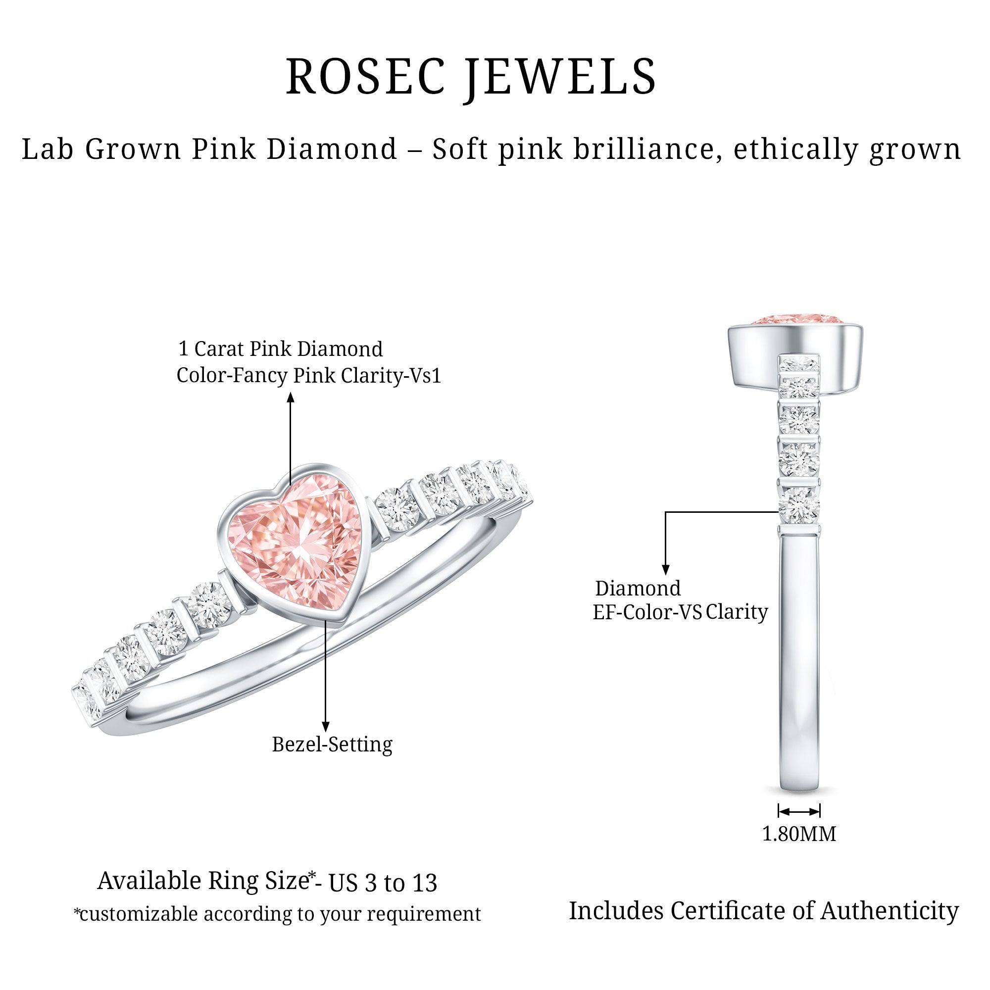 IGI Certified 1 CT Lab Grown Pink Diamond Heart Engagement Ring with Side Stones Fancy Pink - VS1 - Rosec Jewels