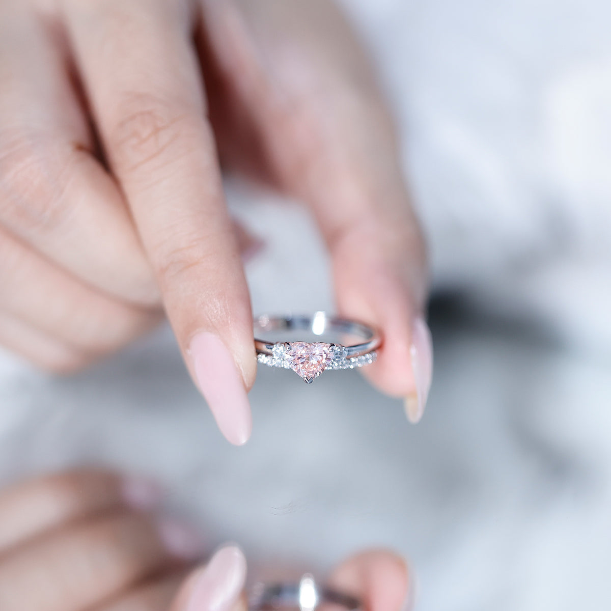 IGI Certified Lab Grown Pink Heart Engagement Ring With Diamond Wedding Band Fancy Pink - VS1 - Rosec Jewels