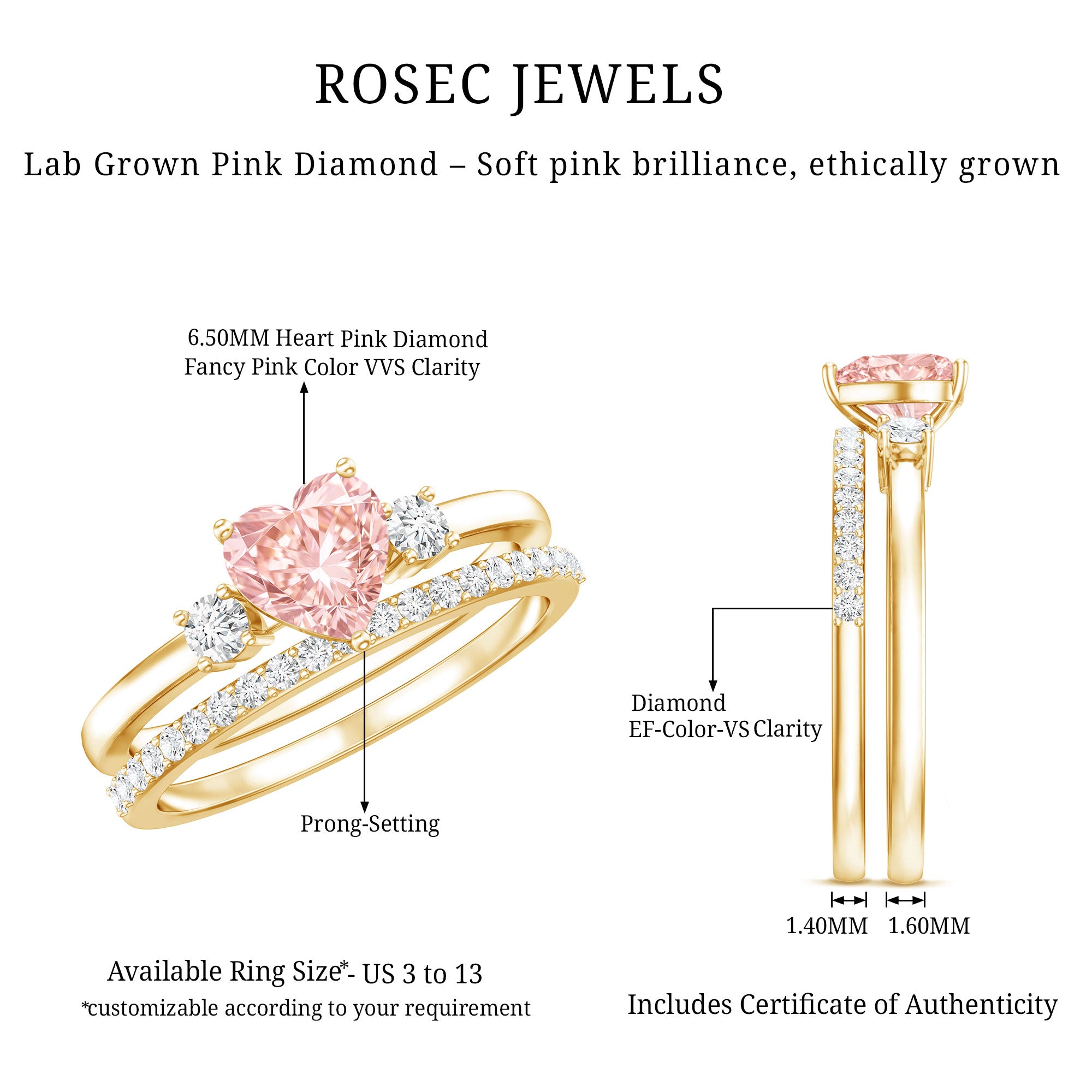IGI Certified Lab Grown Pink Heart Engagement Ring With Diamond Wedding Band E-VS1 - Rosec Jewels