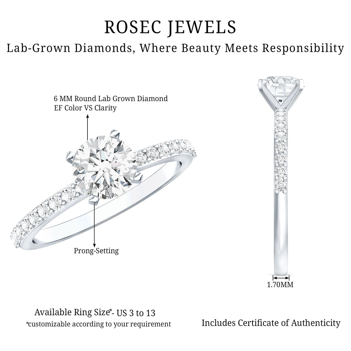 IGI Certified Lab Created Diamond 1 Carat Engagement Ring Lab - ( E-VS1 ) - Rosec Jewels